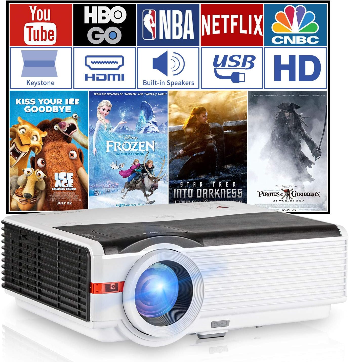 5000 Lumens LED Home Theater Projector 1080P Support with HDMI USB VGA/AV/Audio Built-in Speaker Zoom Keystone for iPhone Mac iPad XBOX PS4 Wii DVD Player Games Outdoor Movies