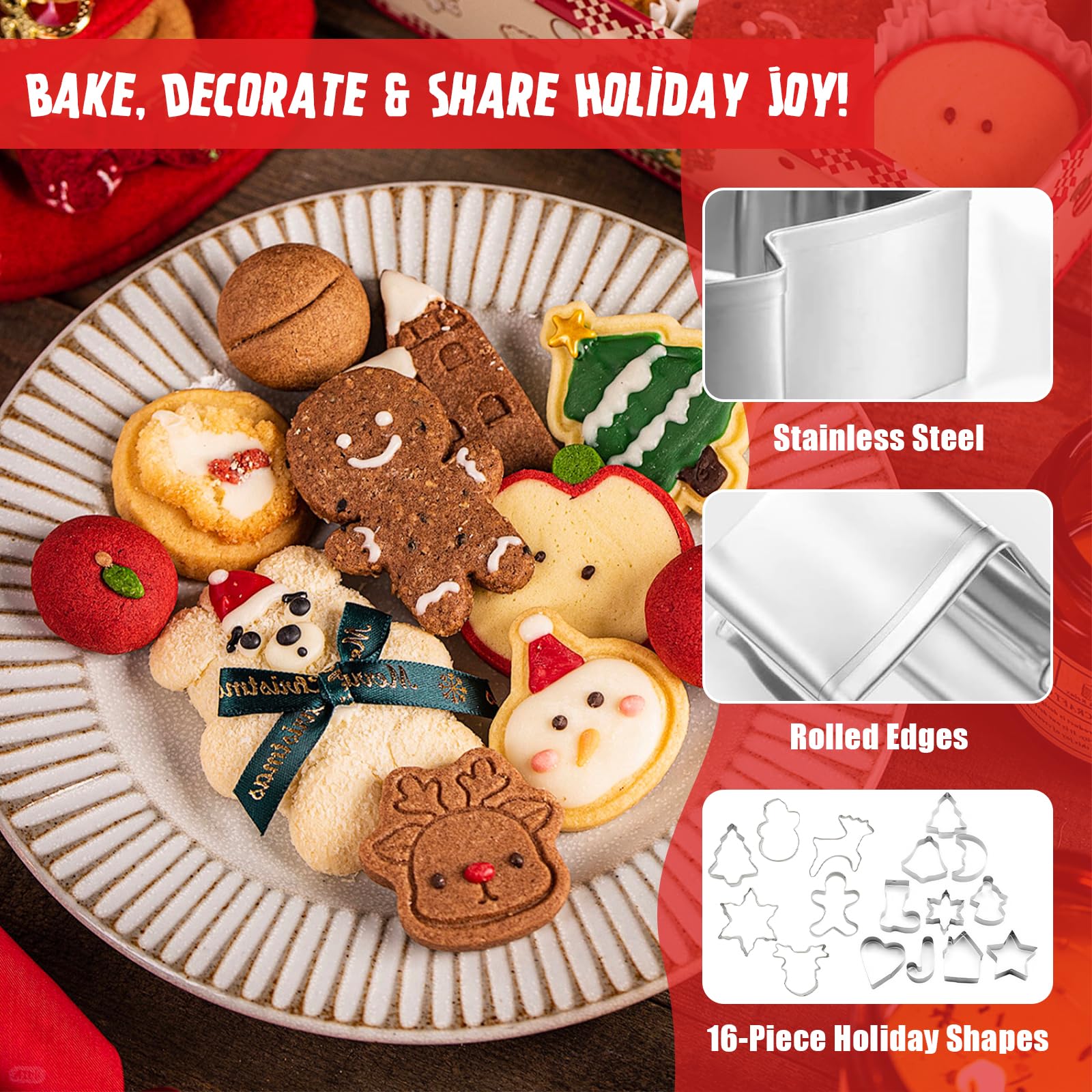 Lot de 16 emporte-pièces de Noël en acier inoxydable (bottes, cloches, sucre d'orge, arbres, etc.) pour décoration de pâtisserie, biscuits, fondant, pain d'épices, idées cadeaux de vacances