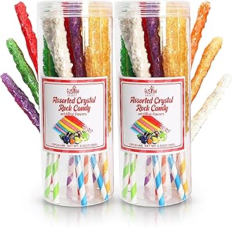 24 Crystal Rock Candy Sticks - Sweet Hard Sugar Lollipop Snacks with Strong Flavors - Assorted Large, Individually Wrapped Candies - Colored Buffet Treats & Party Favors for Kids