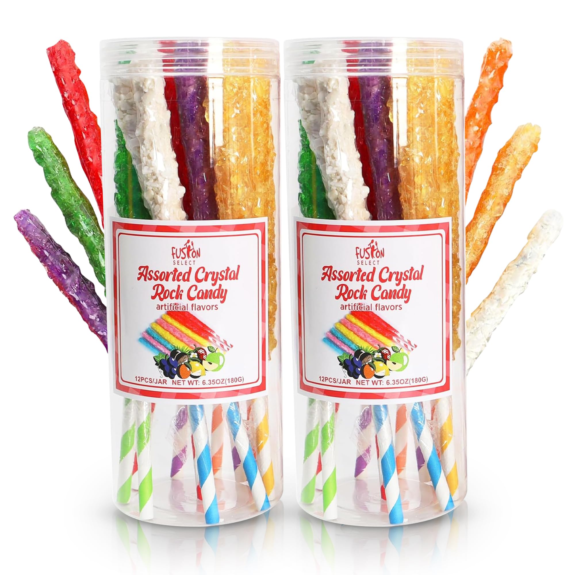 24 Crystal Rock Candy Sticks - Sweet Hard Sugar Lollipop Snacks with Strong Flavors - Assorted Large, Individually Wrapped Candies - Colored Buffet Treats & Party Favors for Kids
