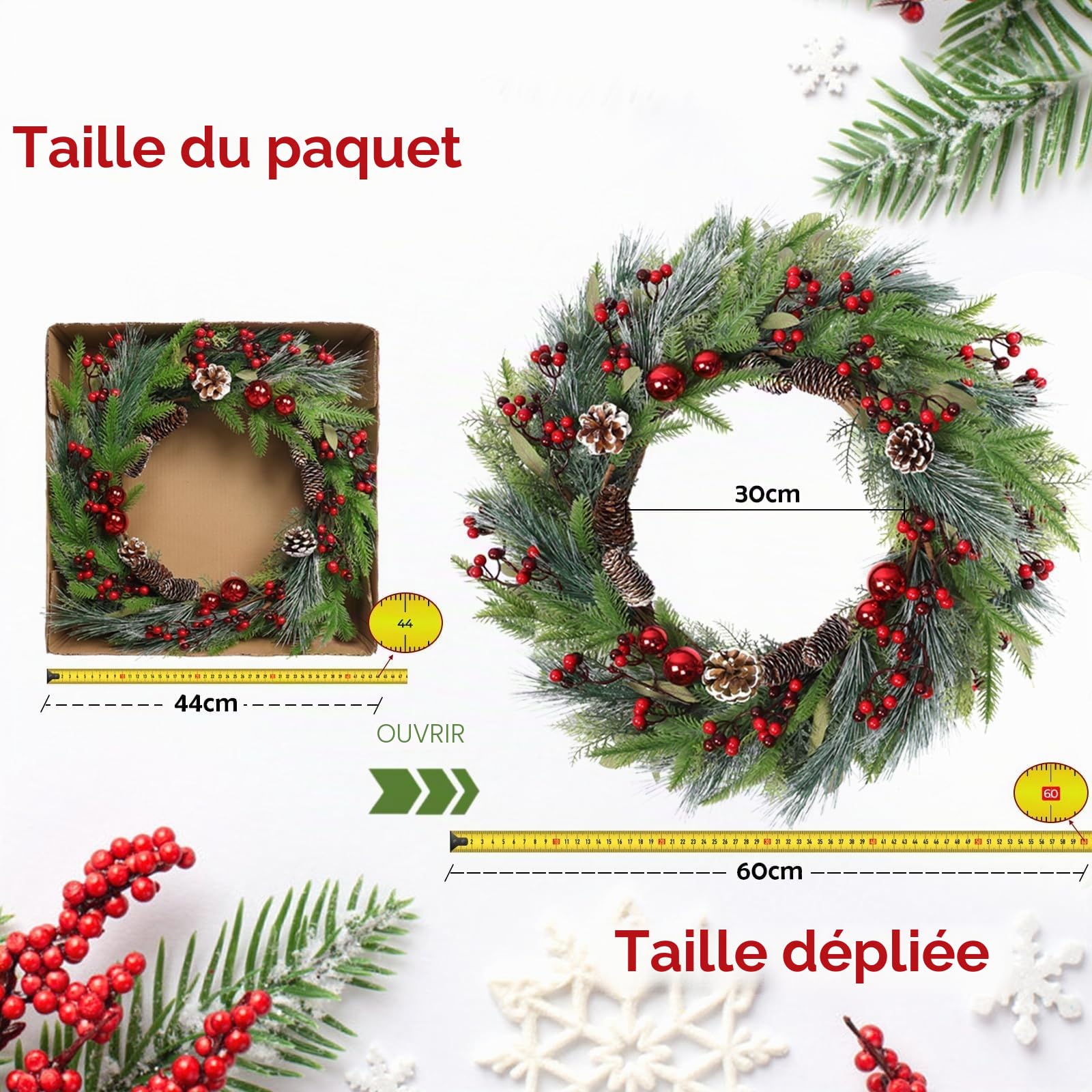 Weldomcor Grande couronne de Noël artificielle de 61 cm pour décoration de porte d'entrée, pommes de pin, aiguilles, baies, boule rouge, guirlande de Noël, festival, intérieur et extérieur, décoration
