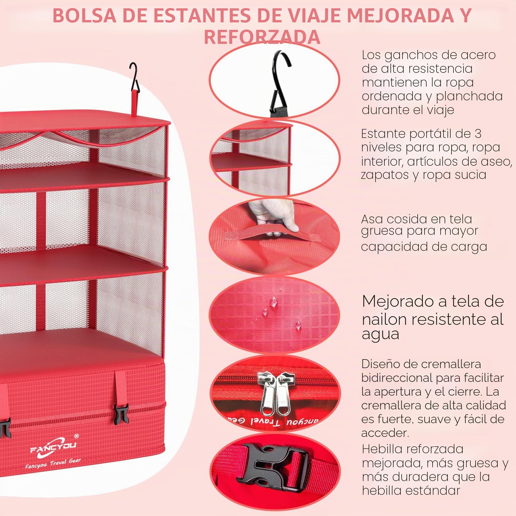 Cubos Colgantes para Organizar Maletas, Armario Portátil de Tela de Nylon Mejorada 44 * 30 * 65cm, Compresión para Embalar y Desembalar en un Solo Paso para Viajes de Negocios (Rojo)