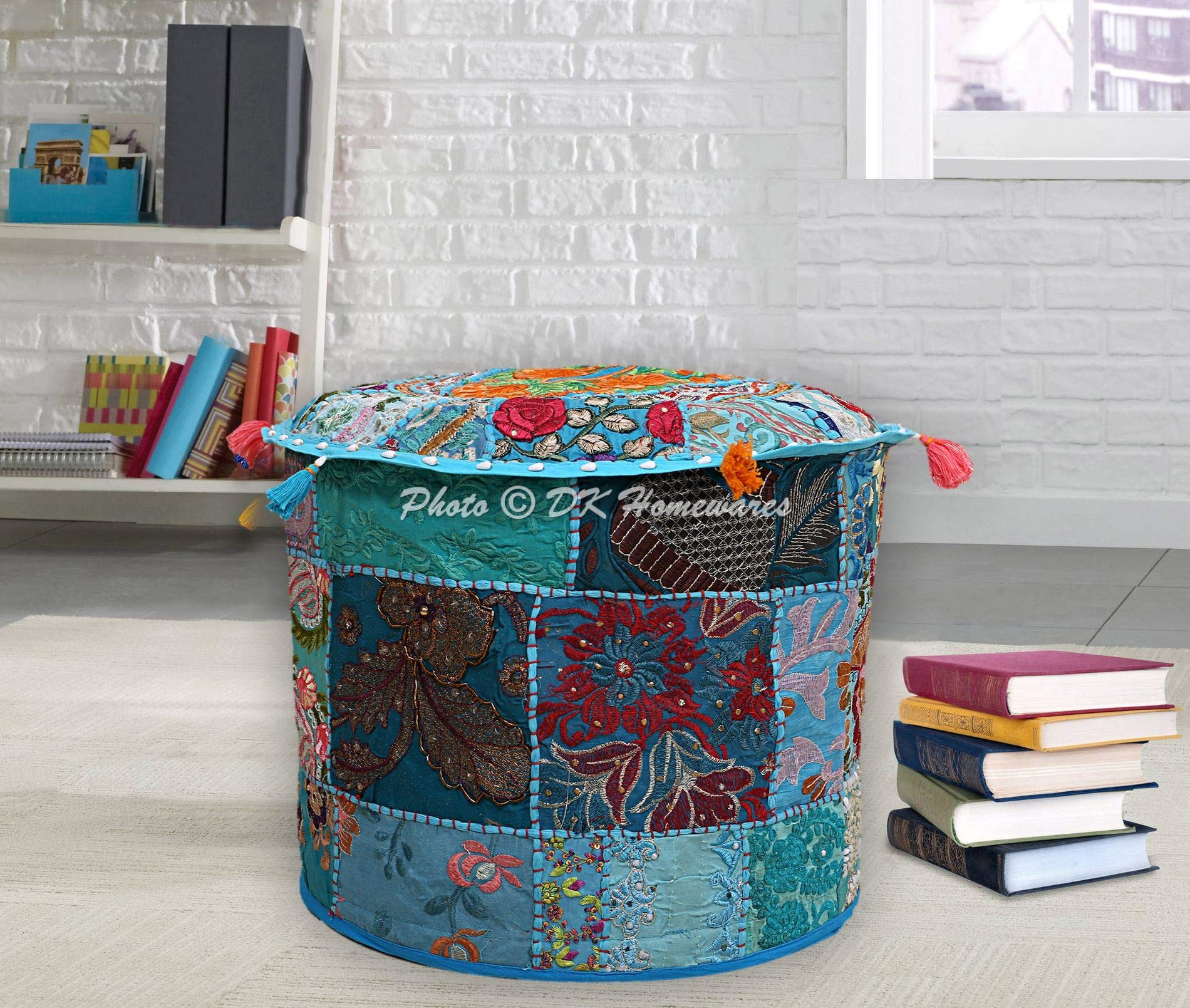DK Homewares Indian Vintage Patchwork Pouffe Foot Rest Turquoise Blue Round Foot Rest Living Room Cotton Embroidered Hassock Pouf Ottoman Cover Floral Traditional 18x18x13