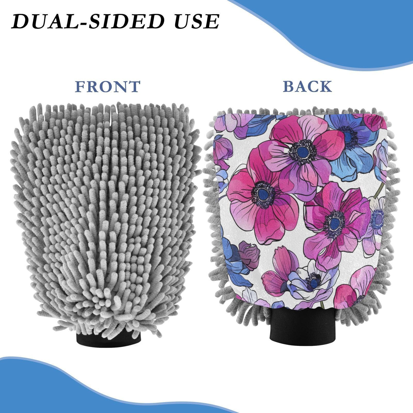 ALAZA Anemone Flower Pink & Purple Car Wash Mitt Scratch Free, 2 Pack Absorbent Microfiber/Chenille Washing & Drying Mitts, M