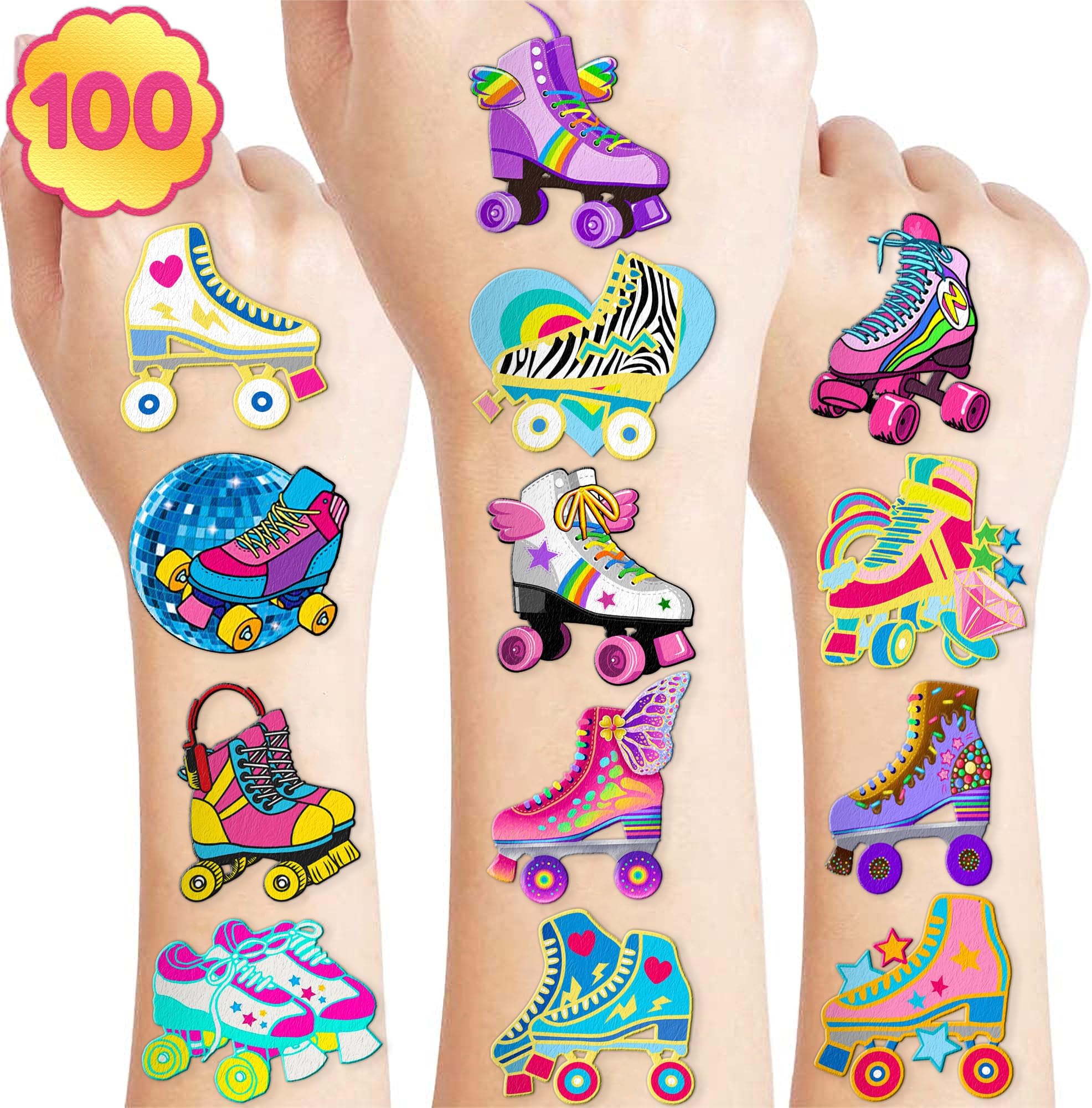 100 PCS Roller Skate Skating Temporary Tattoos Themed Birthday Party Favors Decorations Supplies Decor Retro 80s 90s Disco Skateboard Tattoo Stickers Gifts For Boys Girls Class Prizes Carnival