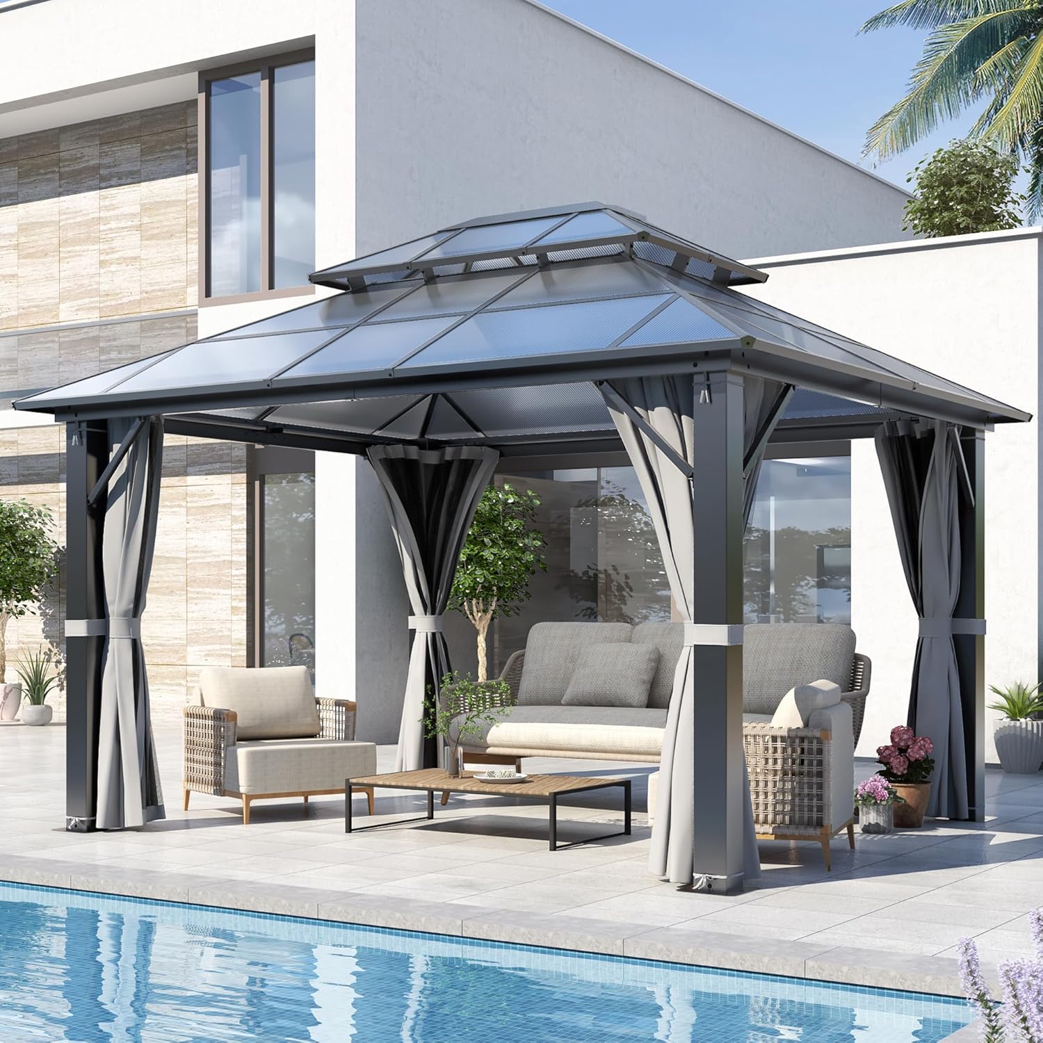 COVERONICS 10FT x 12FT Patio Polycarbonate Hardtop Gazebo, Steel Frame Outdoor Translucent Double Roof Gazebo with Netting & Curtains for Lawn, Garden, Backyard and Poolside