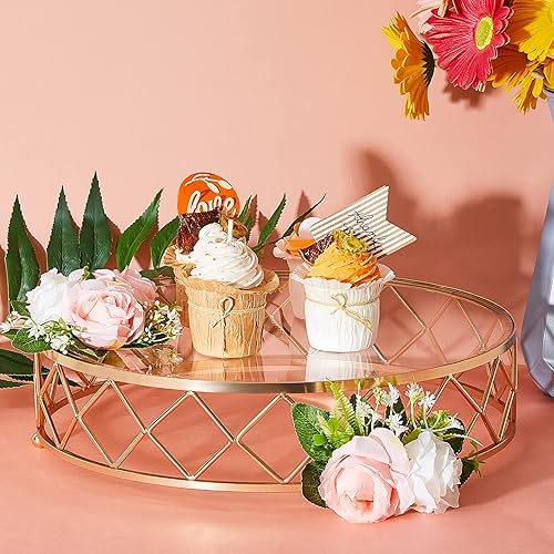 Miniatura 5 de Nuanchu Soporte redondo de metal geométrico de 14 pulgadas para tartas de boda, soporte metálico brillante para tartas con parte superior de vidrio