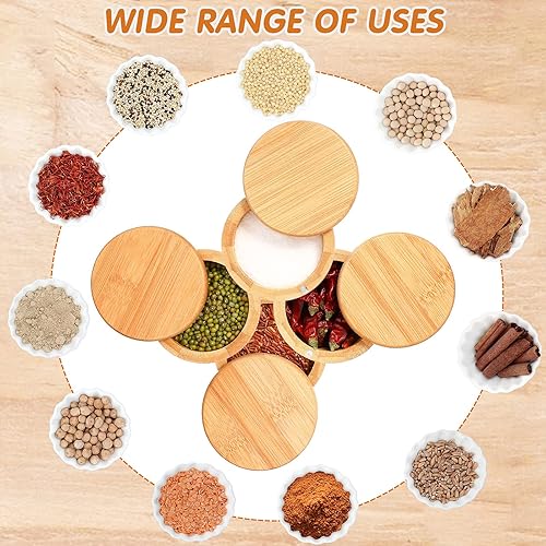 Miniatura 4 de 4 piezas de almacenamiento de sal de bambú con tapa giratoria magnética, caja de almacenamiento de sal y especias, compartimento de almacenamiento