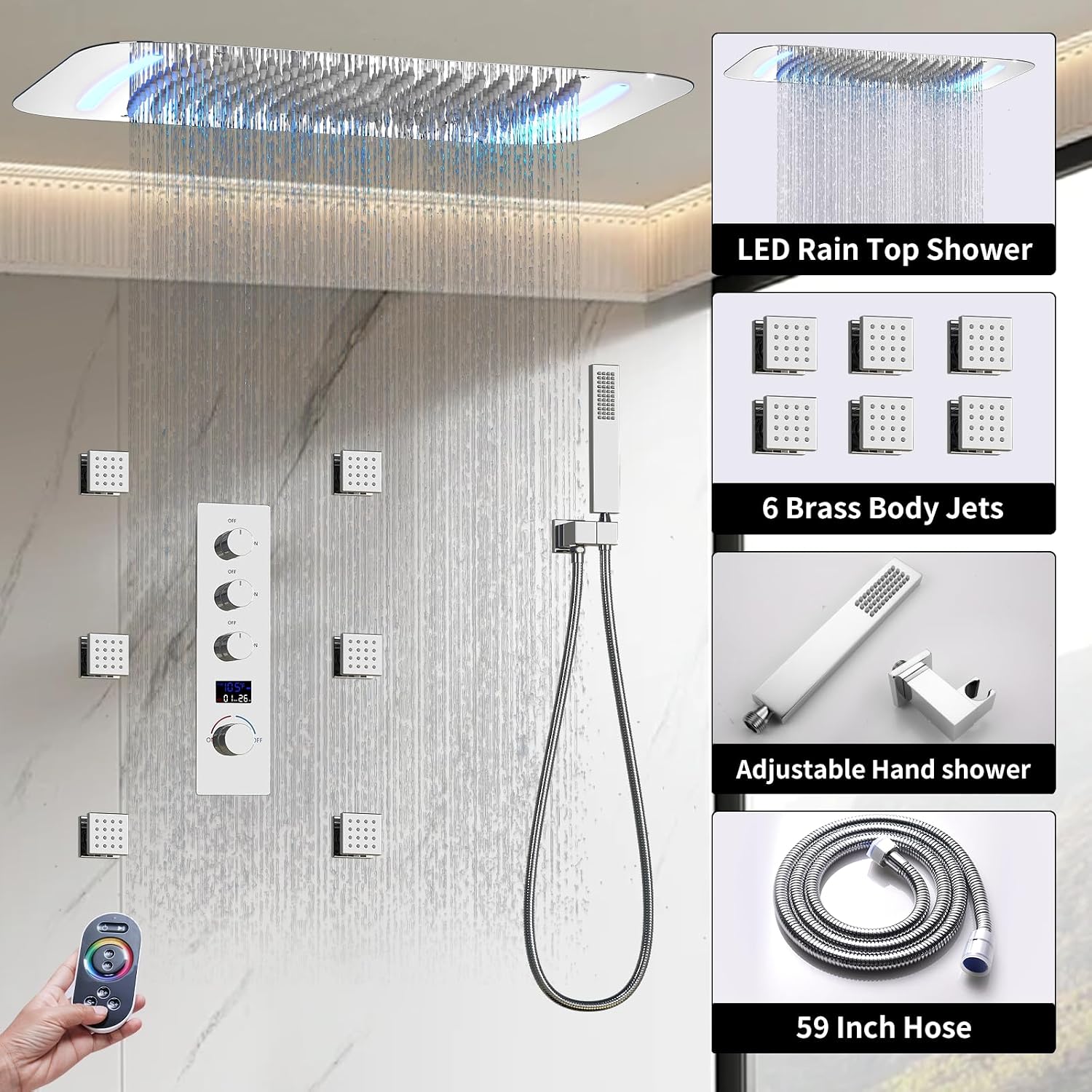 Full Body Shower System Digital Display Bathroom Shower Faucet Set with 16 x 26 Inch Ceiling Rain LED Shower Head, Handheld Shower and 6 PCS Body Jets,Polished Chrome