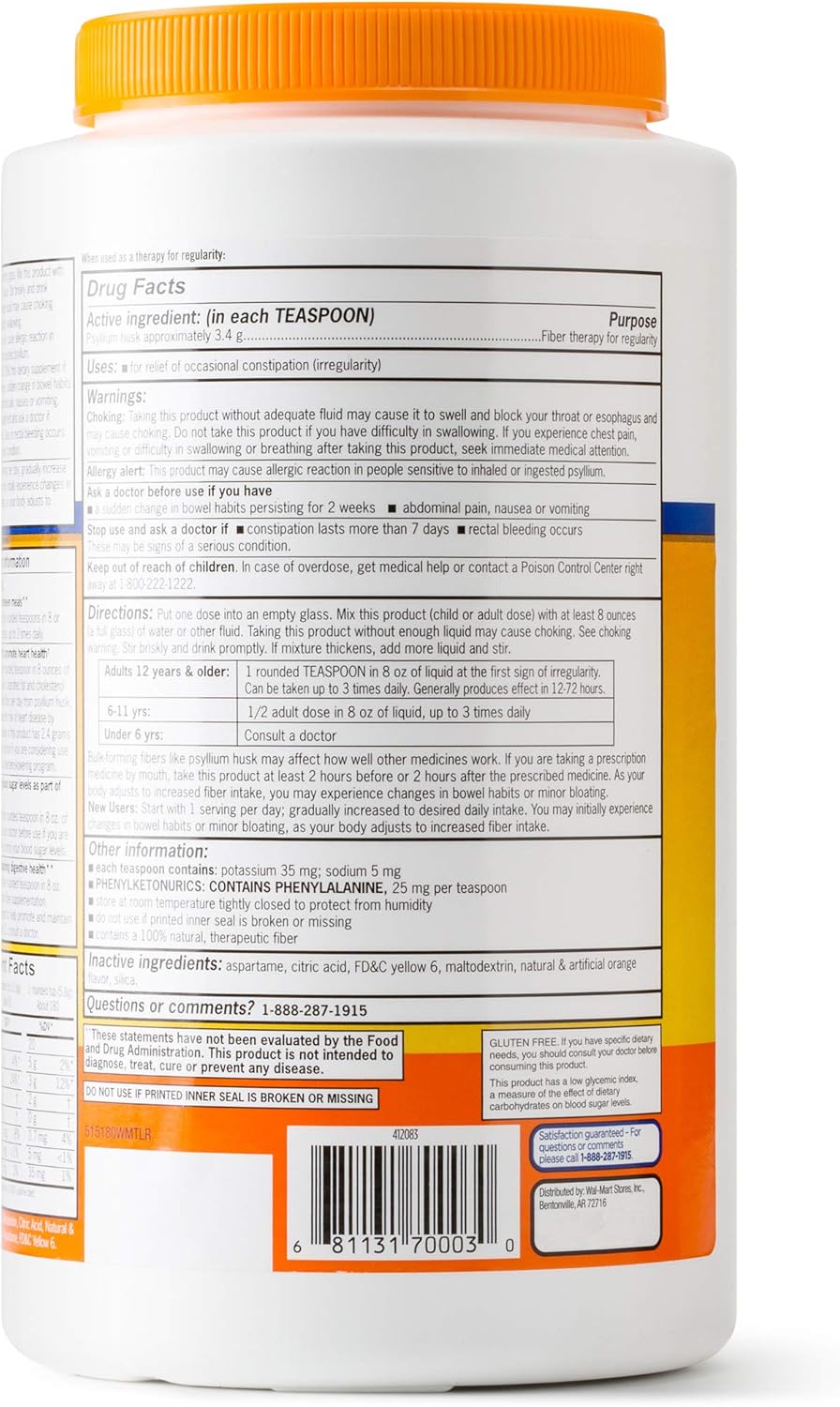 Equate - Fiber Therapy, Smooth Texture, Orange Flavor, Powder, 36.8 oz, Sugar Free 180 Doses