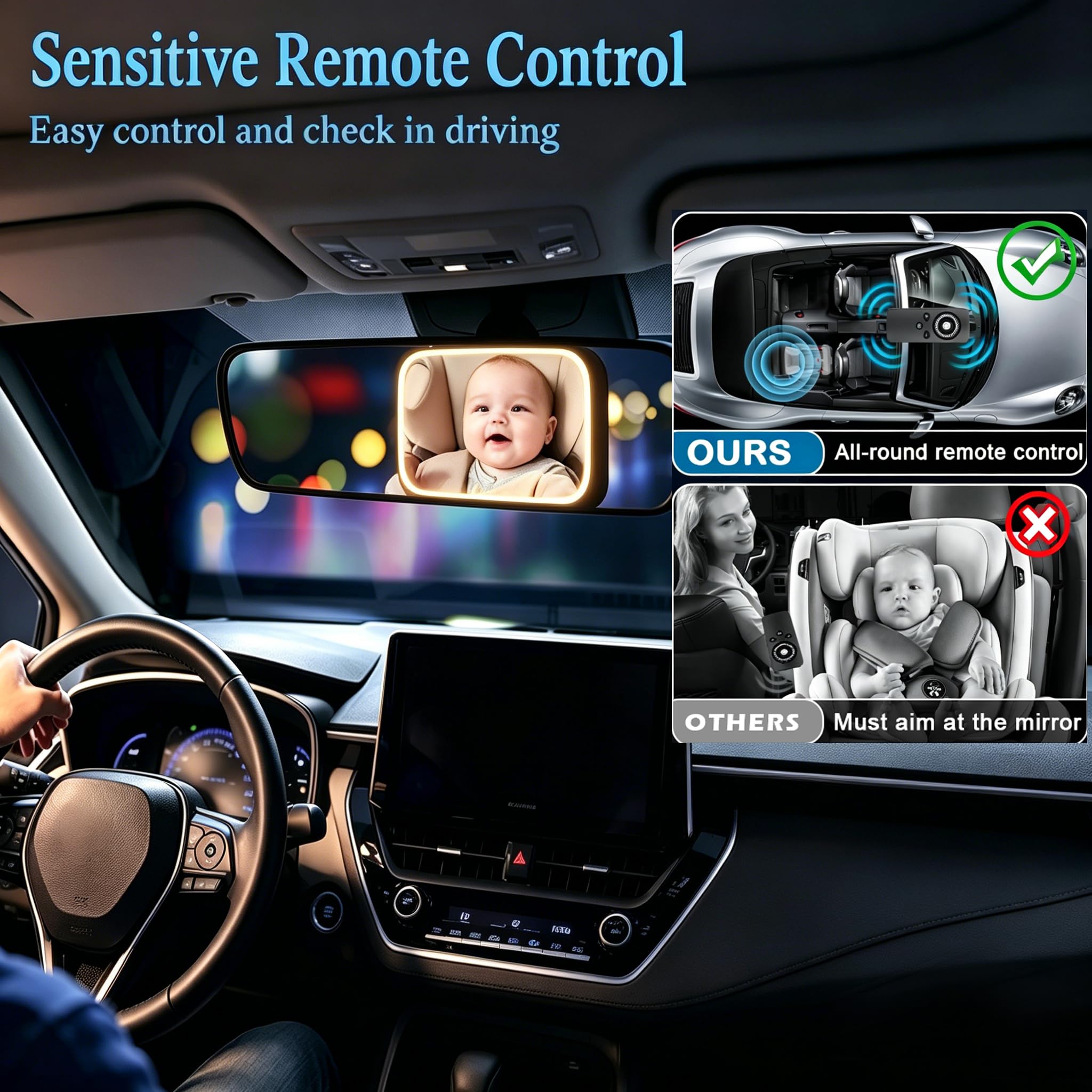 Espejo de coche para bebé con luz, espejo recargable para bebé con control remoto, visión clara, rotación de 360°, espejo trasero para asiento de coche, resistente a golpes y roturas