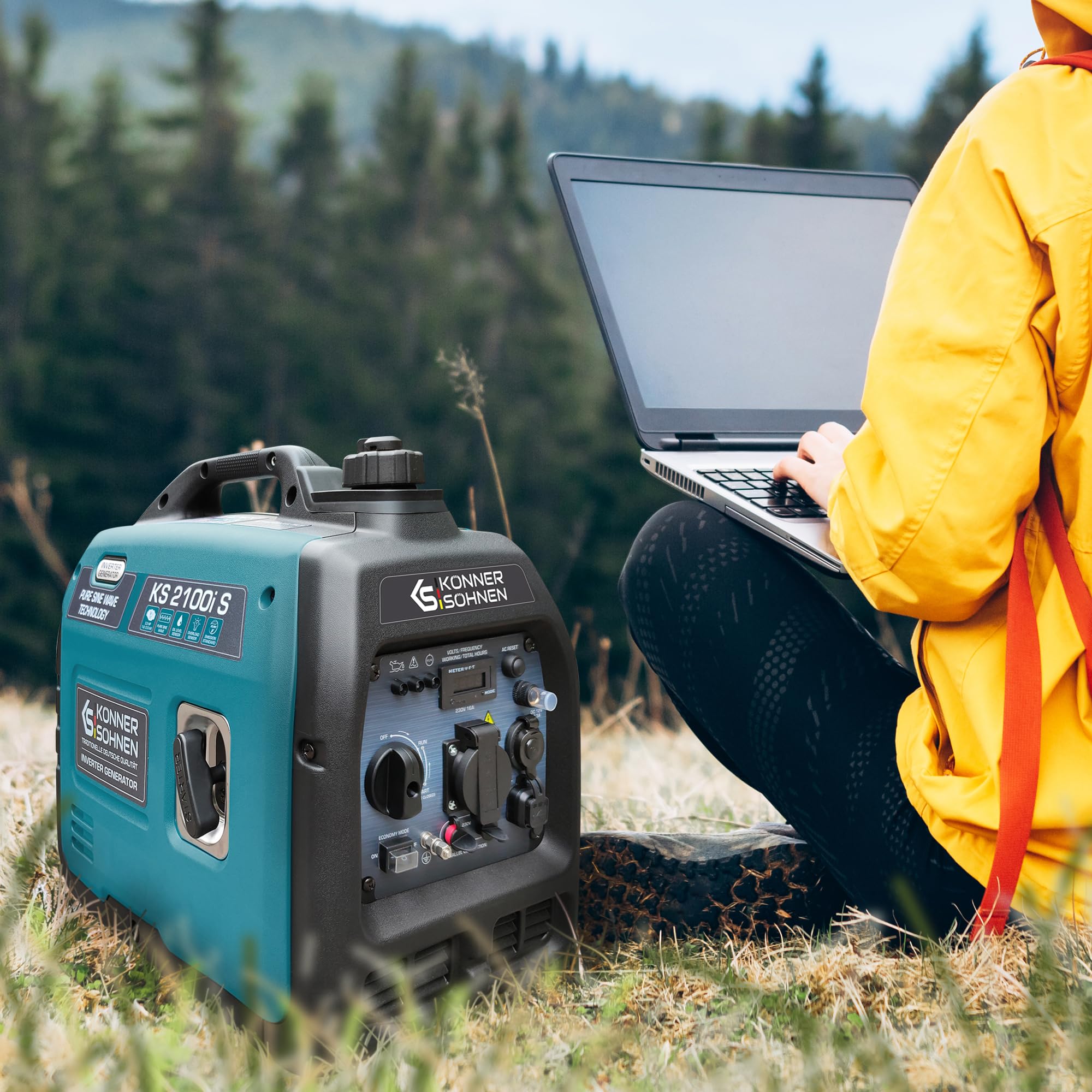 Generador inverter KS 2100i S de Könner & Söhnen Generador de energía de gasolina 2000 W, enchufe Schuko de 230 V, 2 puertos USB, indicador LED, modo ECO, bobinas de cobre, EURO V