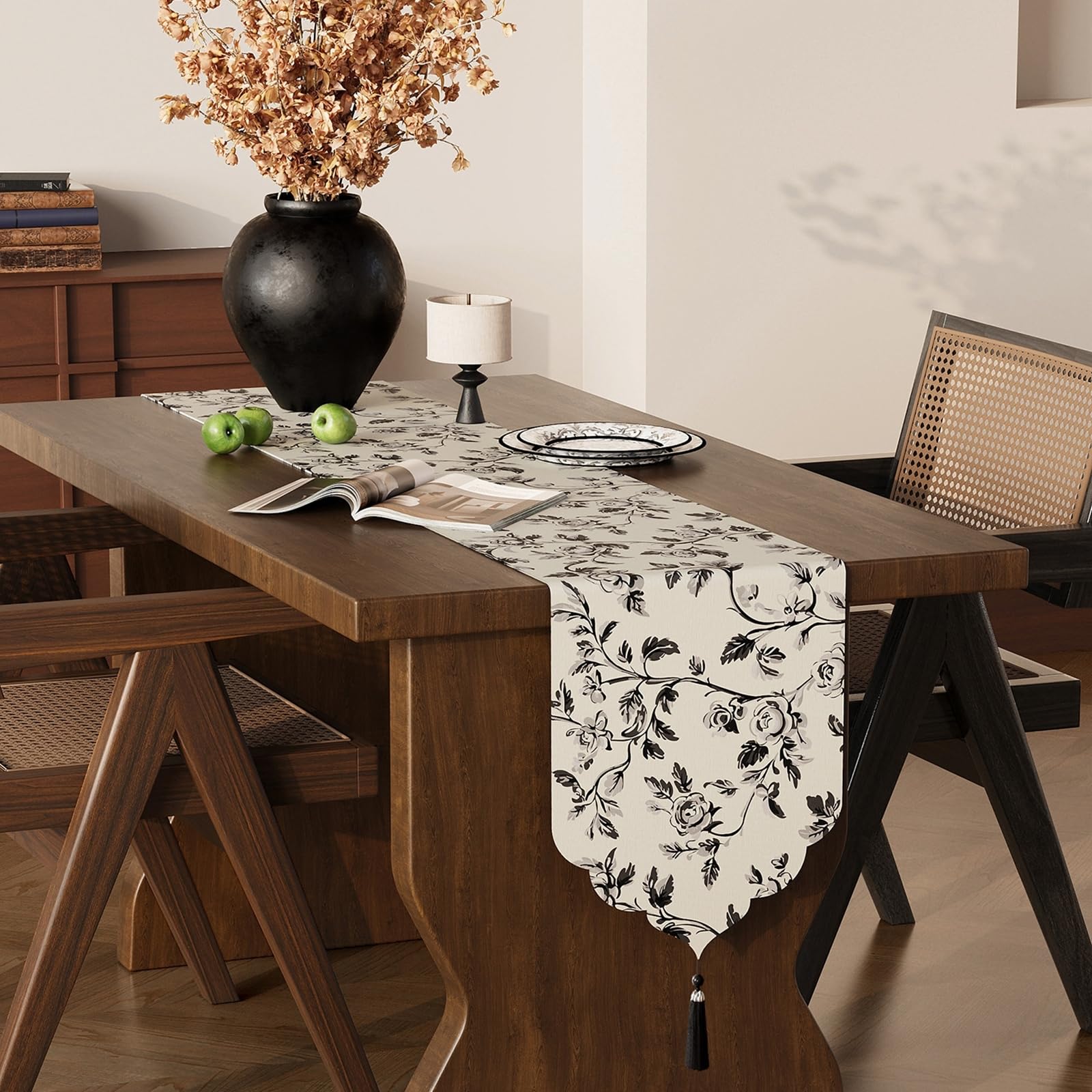 Tischläufer Polyester Wohnzimmer, Tischläufer Modern 35x180 cm, Leinenoptik mit Schwarzem Blumenmuster