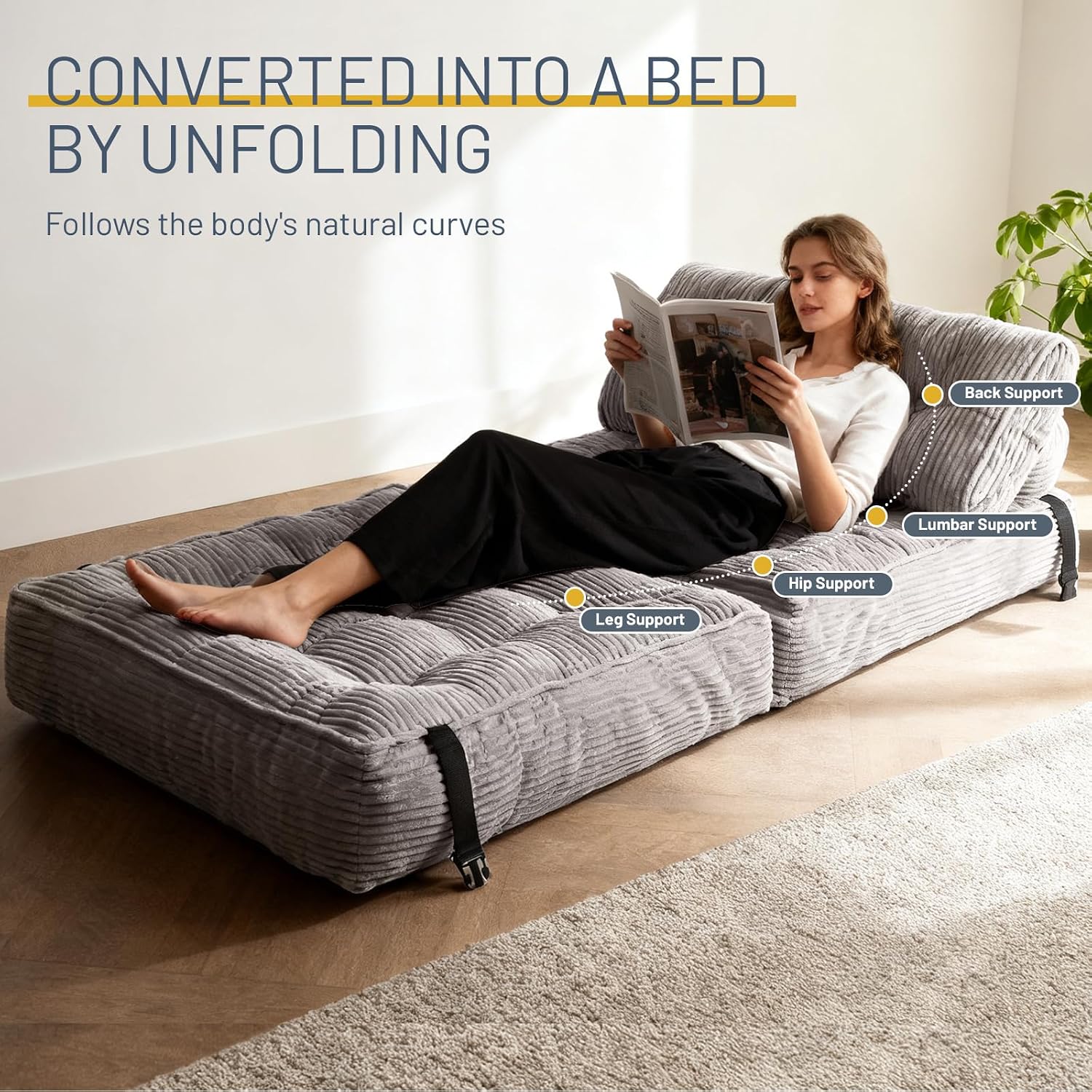 Folding Sofa Bed, Convertible Sleeper Chair Bed with Pillows, Fold Out Chair Bed Comfy Floor Sofa for Small Spaces, All-in-One for Living Room, Bedroom, Apartment Use (Beige Grey)