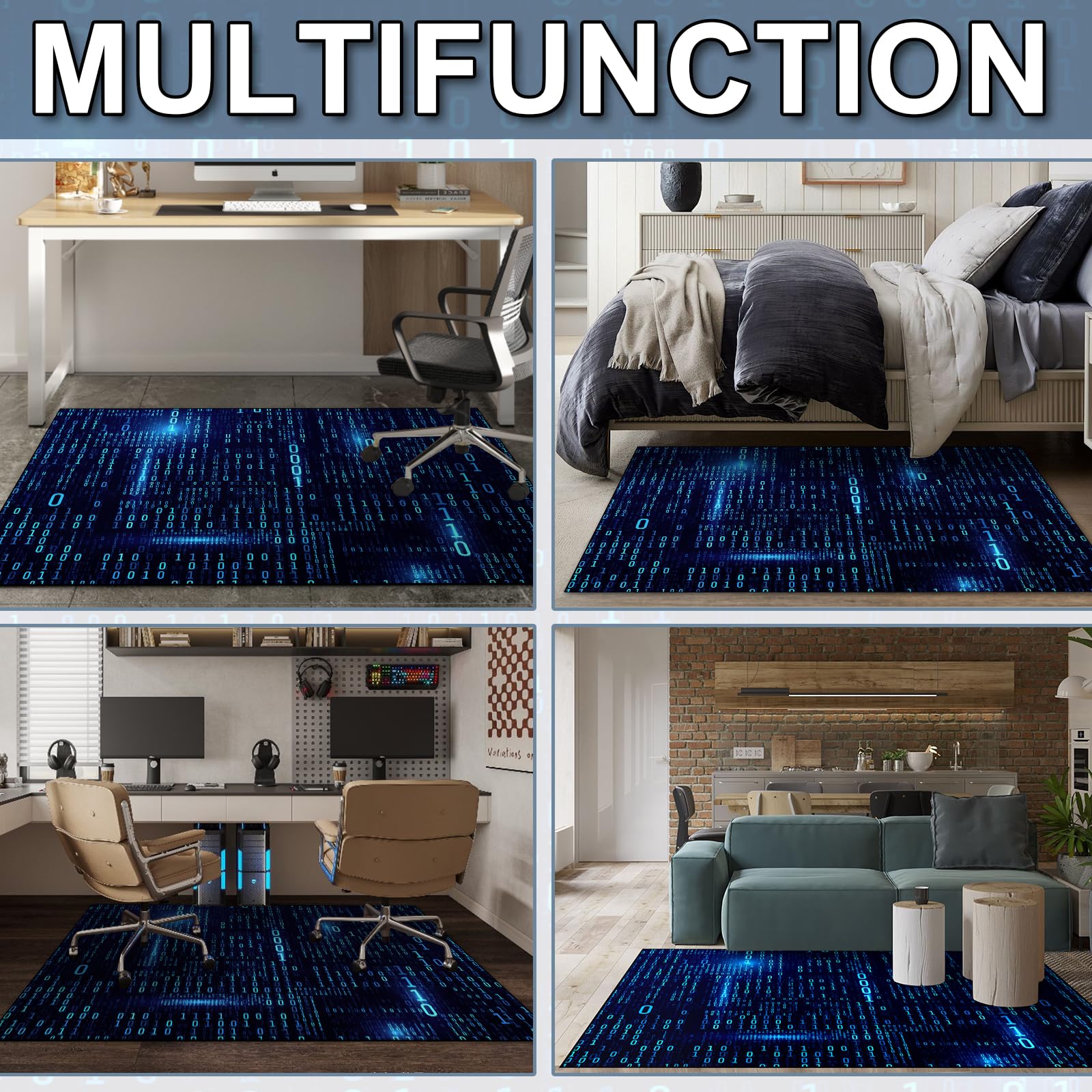 Washable Game Area Rug, Binary Code Design Gaming Programmer Teen Carpet Rug Doormat, Non-Slip Low-Pile Floor Carpet for Computer Bedroom Indoor Front Entrance Living Room Office (60" x 40"): Blue Binary Code Area Rug 3'11" x 5'3" (Rectangular)