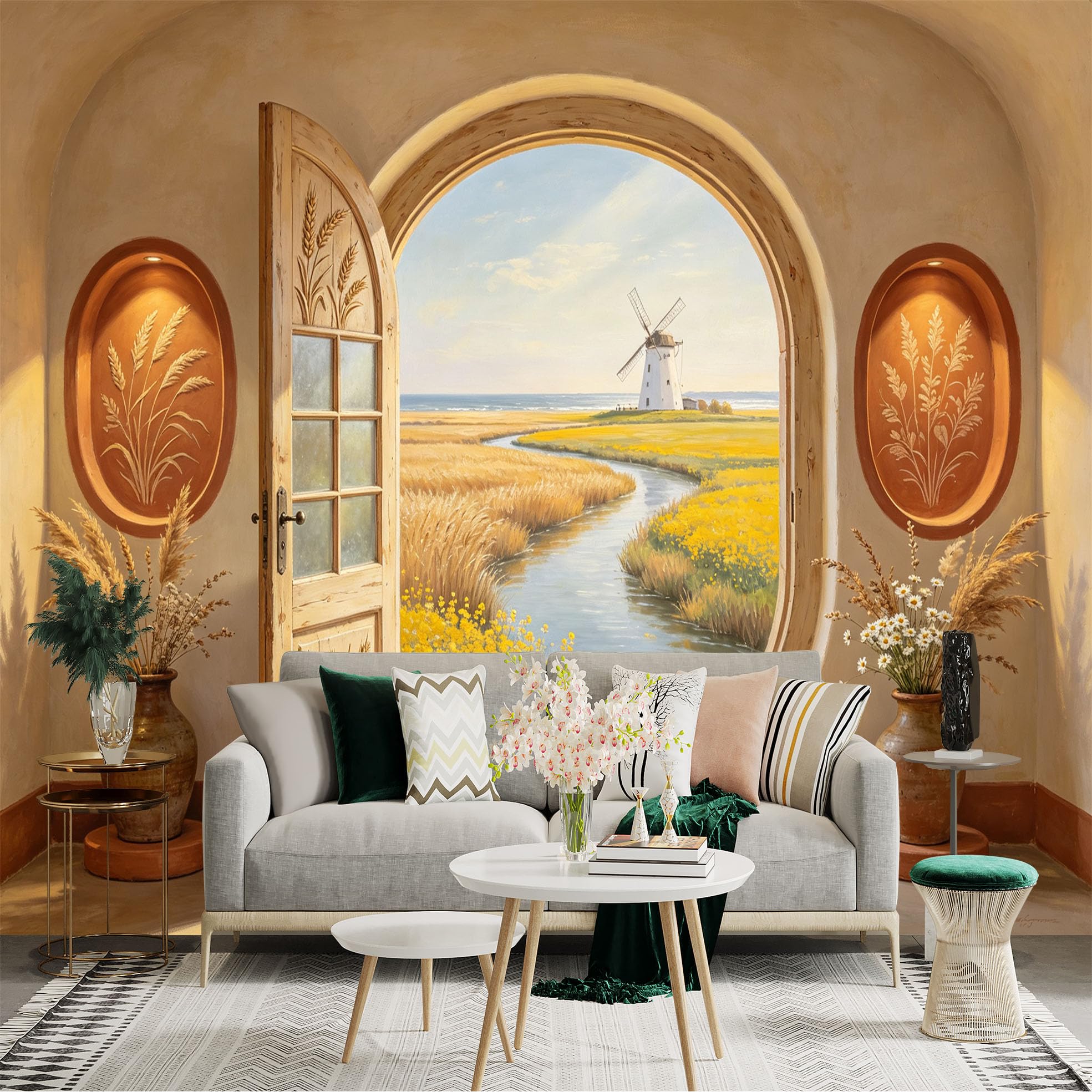 Custom Size Wall Sticker Mural， Rustic Countryside Window View， Windmill Meadow and River Landscape， for wall Decoration， peelandstick wall Decals.