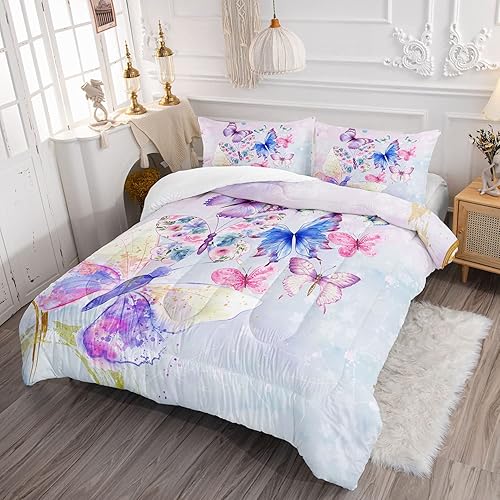 Miniatura 3 de Datura home Juego de ropa de cama de edredón de mariposa acuarela para niñas, niños y adolescentes, edredón ligero y colorido con estampado floral