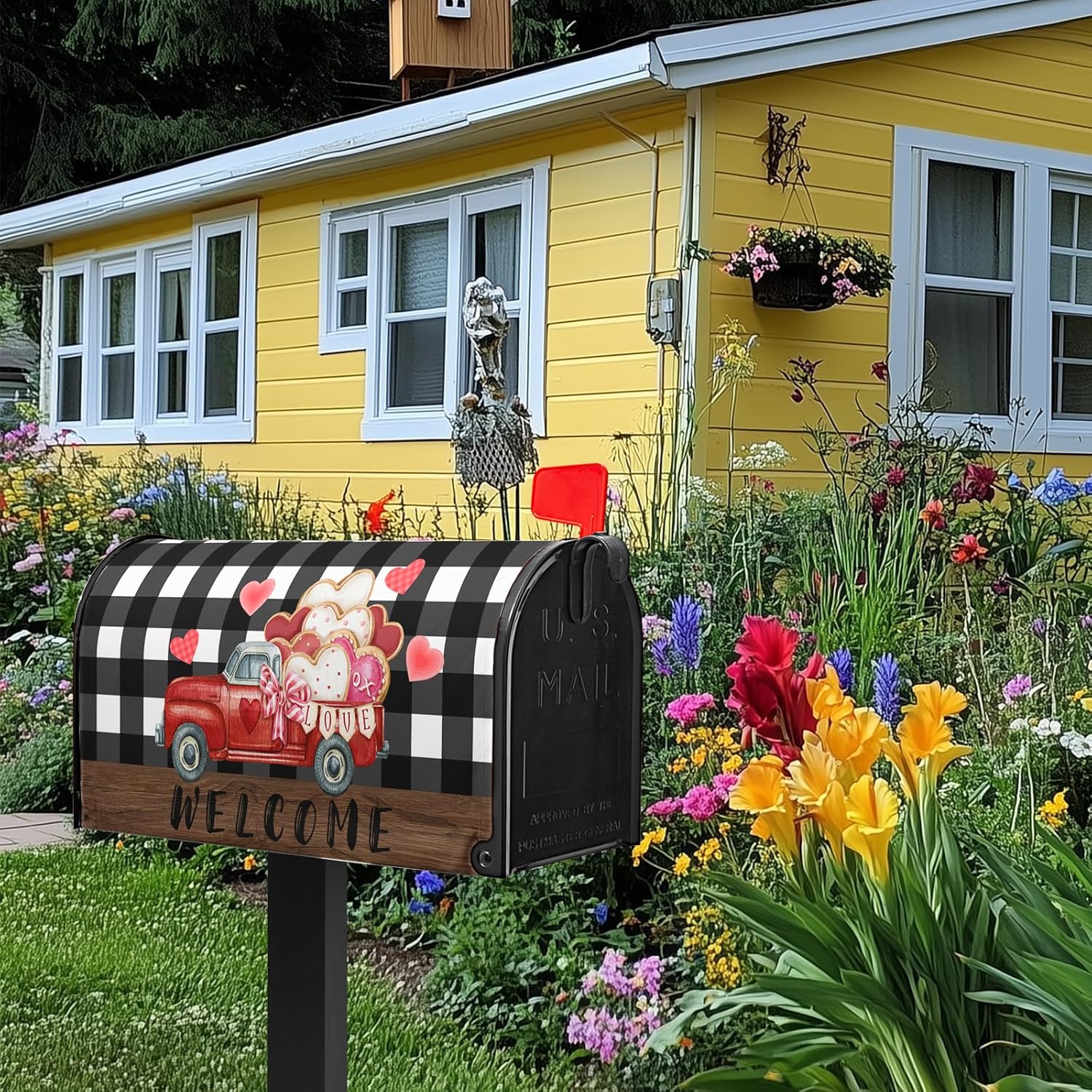 Mother's Day Mailbox Cover Magnetic Standard Size Welcome Truck Mailbox Covers Love Post Letter Box Cover Buffalo Plaid Valentines Gifts for Outdoor Yard Garden Decor 21x18 inch for Mom Gifts