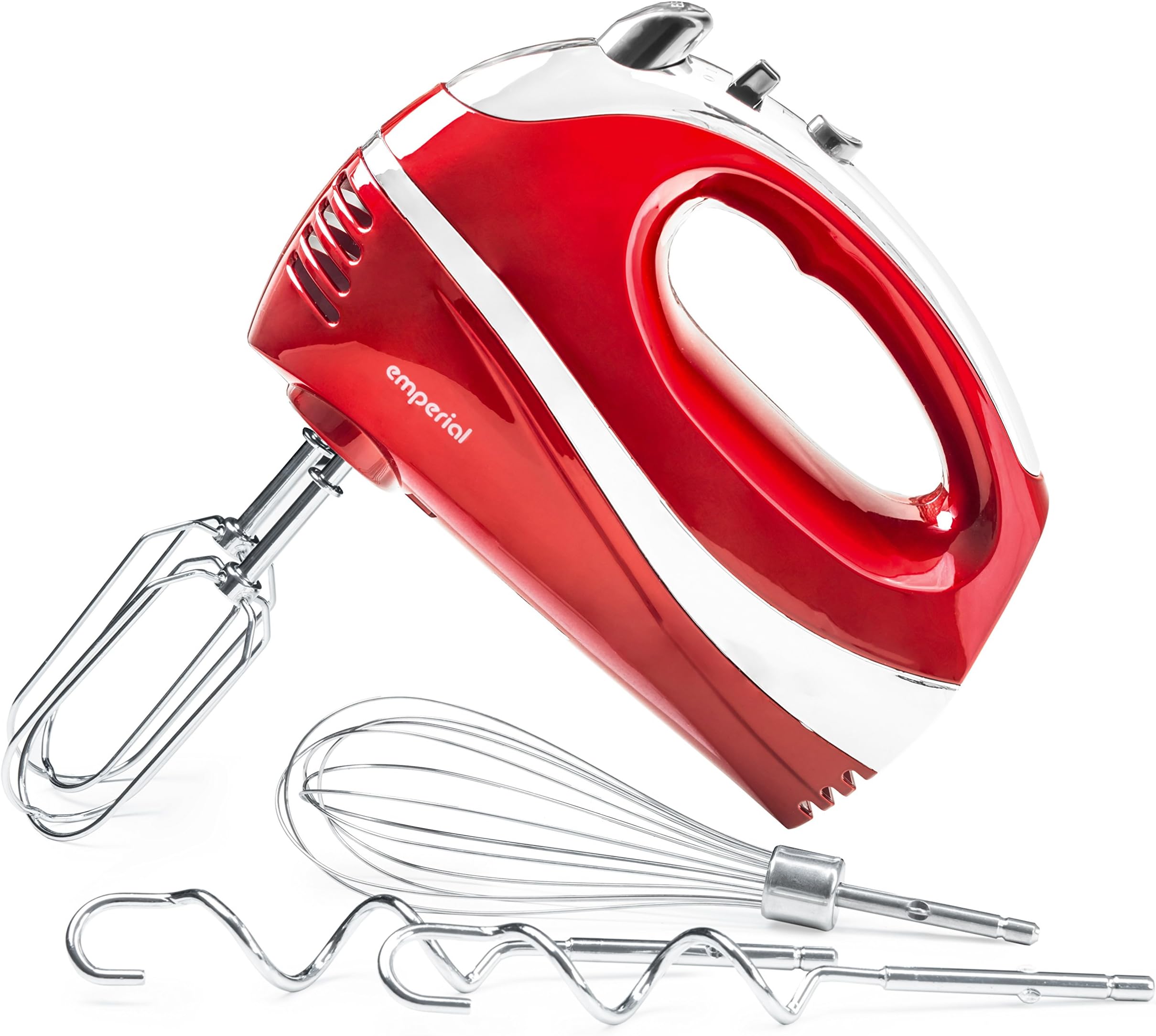 Emperial Hand Mixer 300W with Chrome Beaters, Dough Hooks & Balloon Whisk - 5 Speeds with Turbo Button (Red)