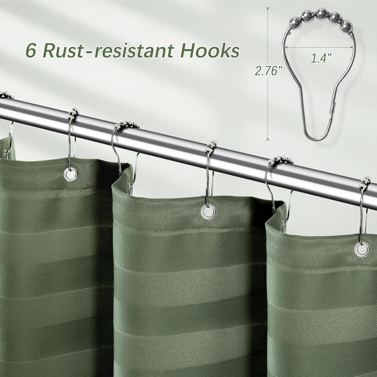 PANGSINNE Green Stall Shower Curtain Stripes Woven Fabric, Luxury Waterproof Shower Curtains, 230GSM Heavy Duty Camper Shower Curtain for Travel Trailers with 6 Metal Hooks, 36Wx72H Sage Green