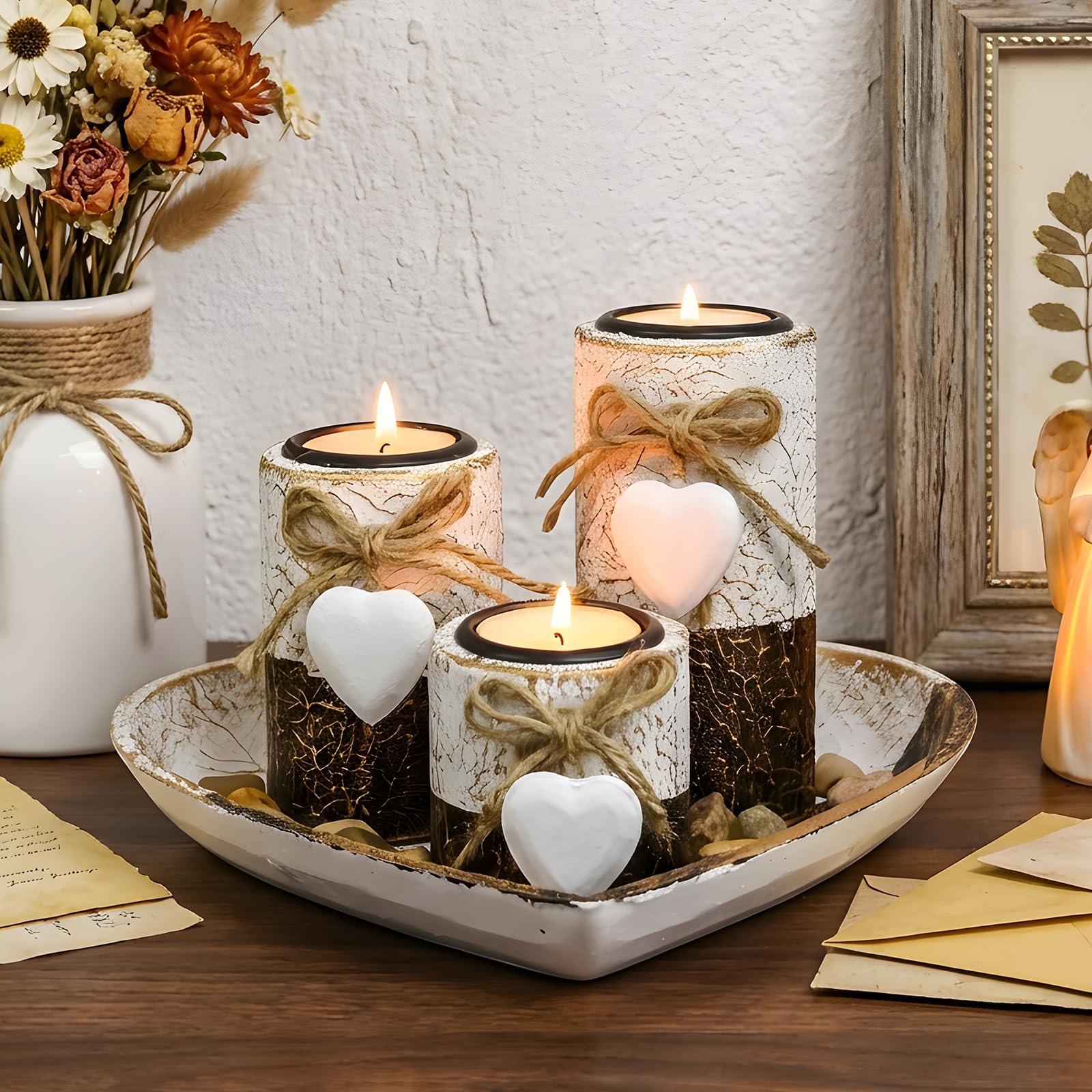 Rustic Wooden Candle Holder Set with Heart Tray
