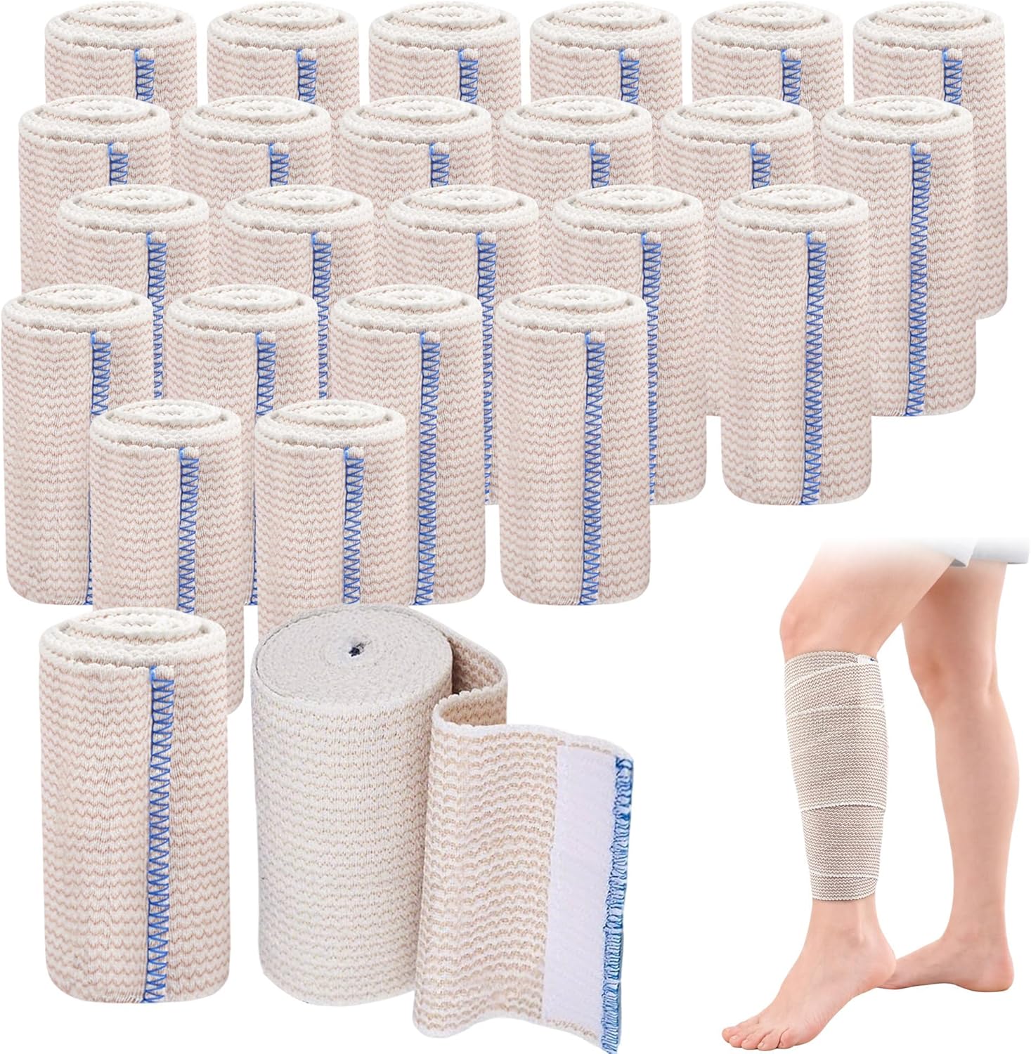 25 Pcs 4 Inch Elastic Bandage Wrap with Self Closure on Both Ends Athletic Stretchable Compression Bandage for Legs, Knees, Ankles, Wrists, Elbows, Shoulders, Athletic Stretchable Wrap(Blue Trim)