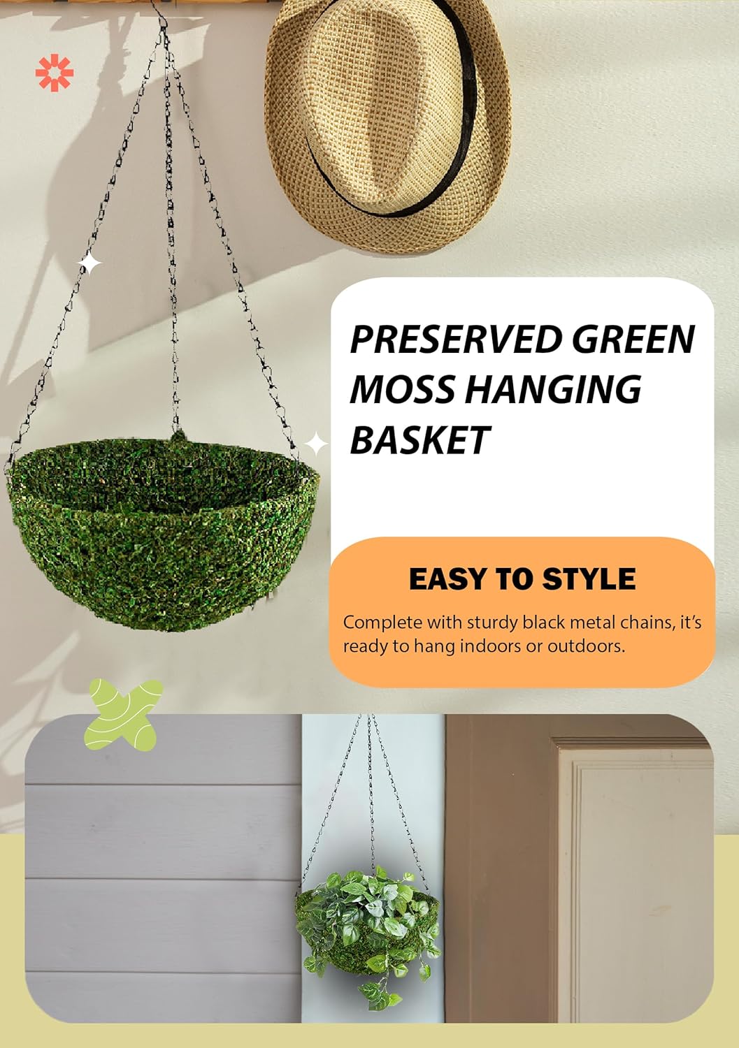 Serene Spaces Living Preserved Green Moss Hanging Basket, Decorative Planter with Metal Chain for Floral Arrangements, Garden Weddings, and Event Décor, 12.5" Diameter & 5" Tall