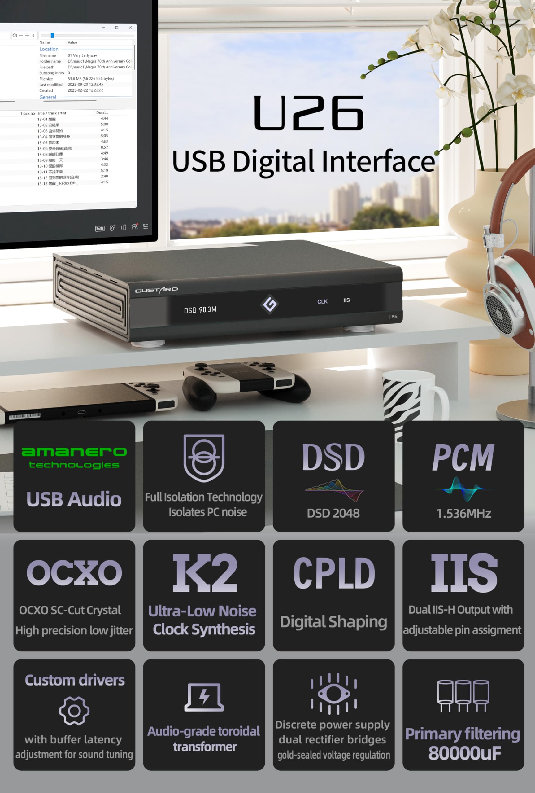 GUSTARD U26 cyfrowy interfejs USB DSD2048 PCM1,536 MHz technologia pełnej lisolacji izoluje szumy PC USB Audio (czarny)