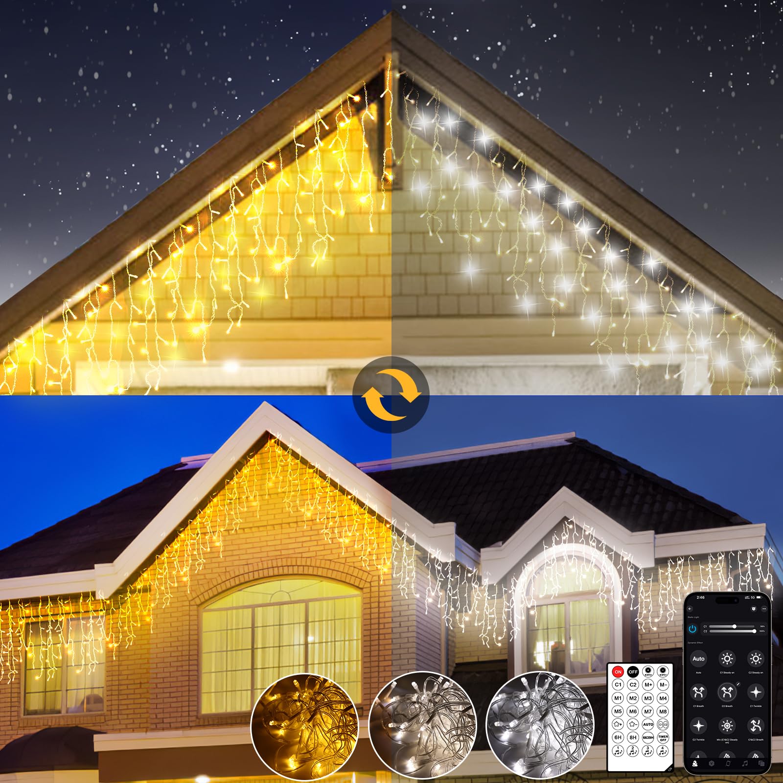 Weihnachtsbeleuchtung für Außen, LED Lichtervorhang Außen in Warm- und Kaltweiß, Weihnachtsbeleuchtung mit Fernbedienung und App, 17 Modi + 4 Helligkeiten + Timer + Speicherfunktion (6M-200L, W/K)