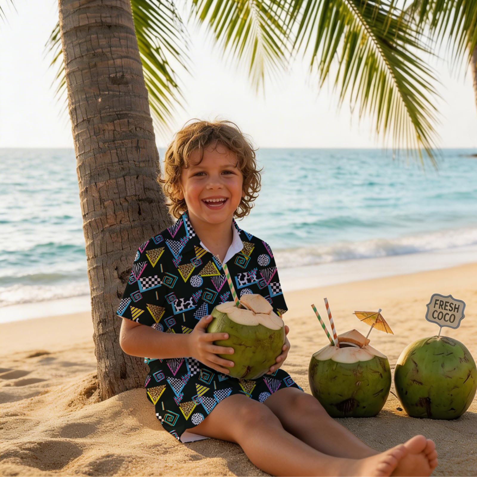 SEA - Conjunto hawaiano de 2 piezas para niños, camisas con botones y forro de compresión para playa y verano