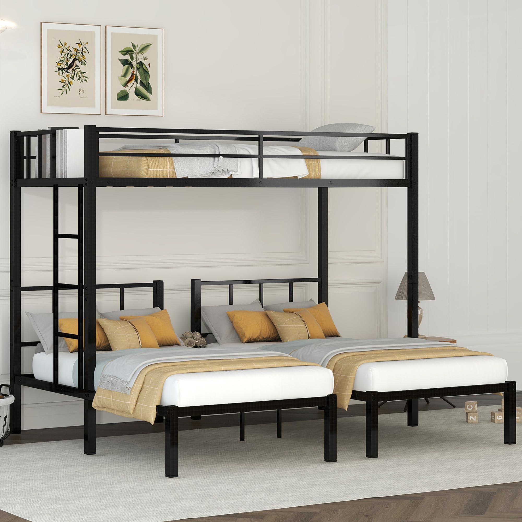 Bellemave Twin Over Twin Over Twin Bunk Bed for 3 Kids, Heavy Duty Triple Bunk Bed with Guardrails and Ladder, Twin Over Twin Over Twin Triple Bunk for Kids, Teens, Black