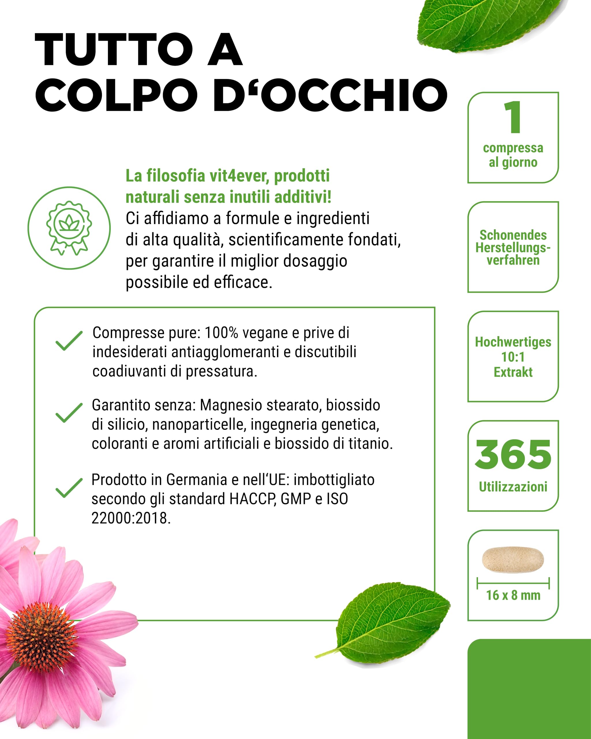 Echinacea 500 mg - 365 compresse vegane - Estratto naturale di echinacea 10:1 - Altamente dosato - Senza additivi indesiderati - Vegano