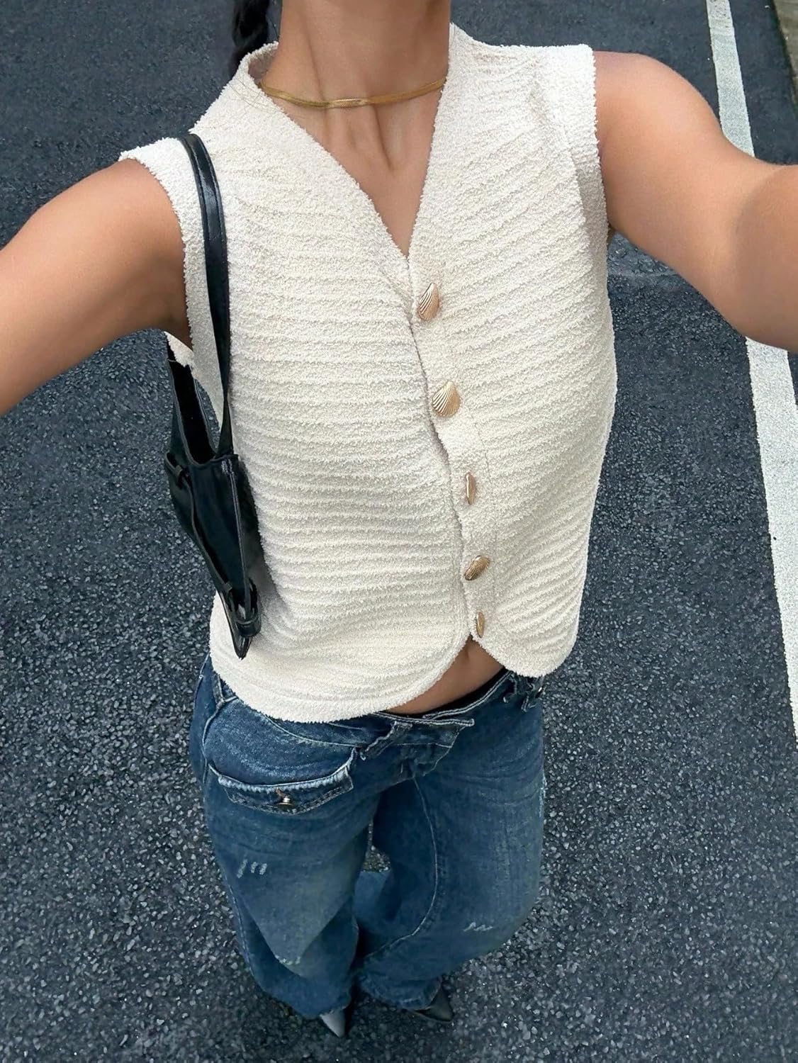 Women Fall Trendy Solid Color Ribbed Button Casual Knit Vest Crop Sweater Sweater Vest Top