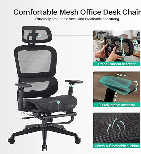 Miniatura 6 de Silla de oficina ergonómica, silla de juegos de respaldo alto con reposapiés, silla de escritorio de oficina en casa grande y alta, silla de