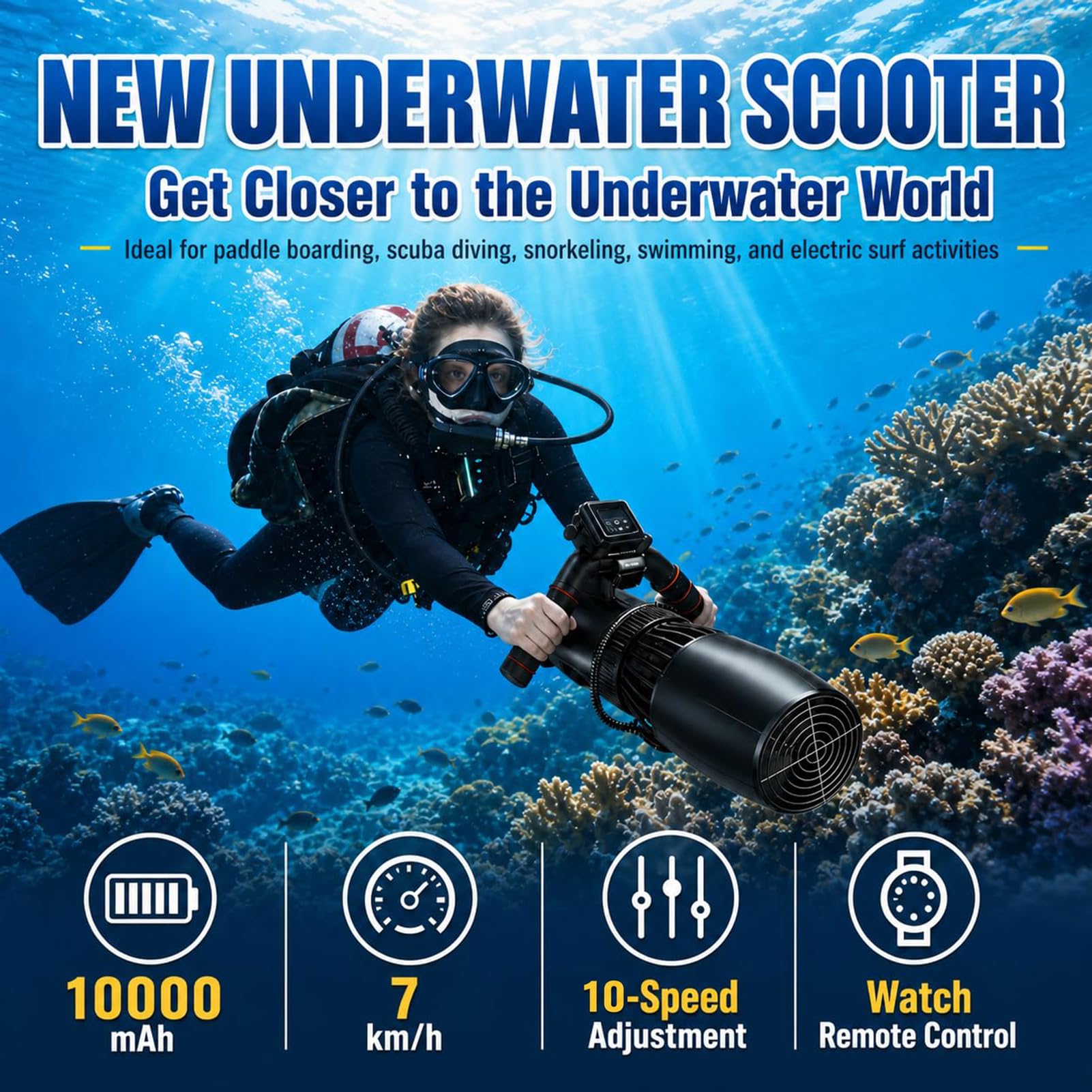 Patinete Eléctrico Submarino de 500 W, 10 Velocidades, 3-7 Km/H | Motor Acuático Brushless, Batería 16000mAh Autonomía 180-60 min, 30 m de Profundidad para Buceo y Esnórquel, Fácil Manejo