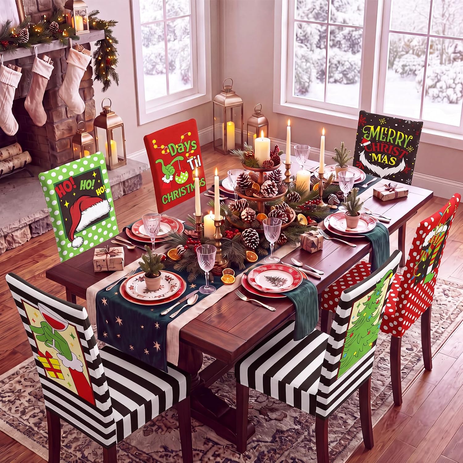 FuWeave 6 Set Christmas Chair Cover Lime Green Red Black Elf