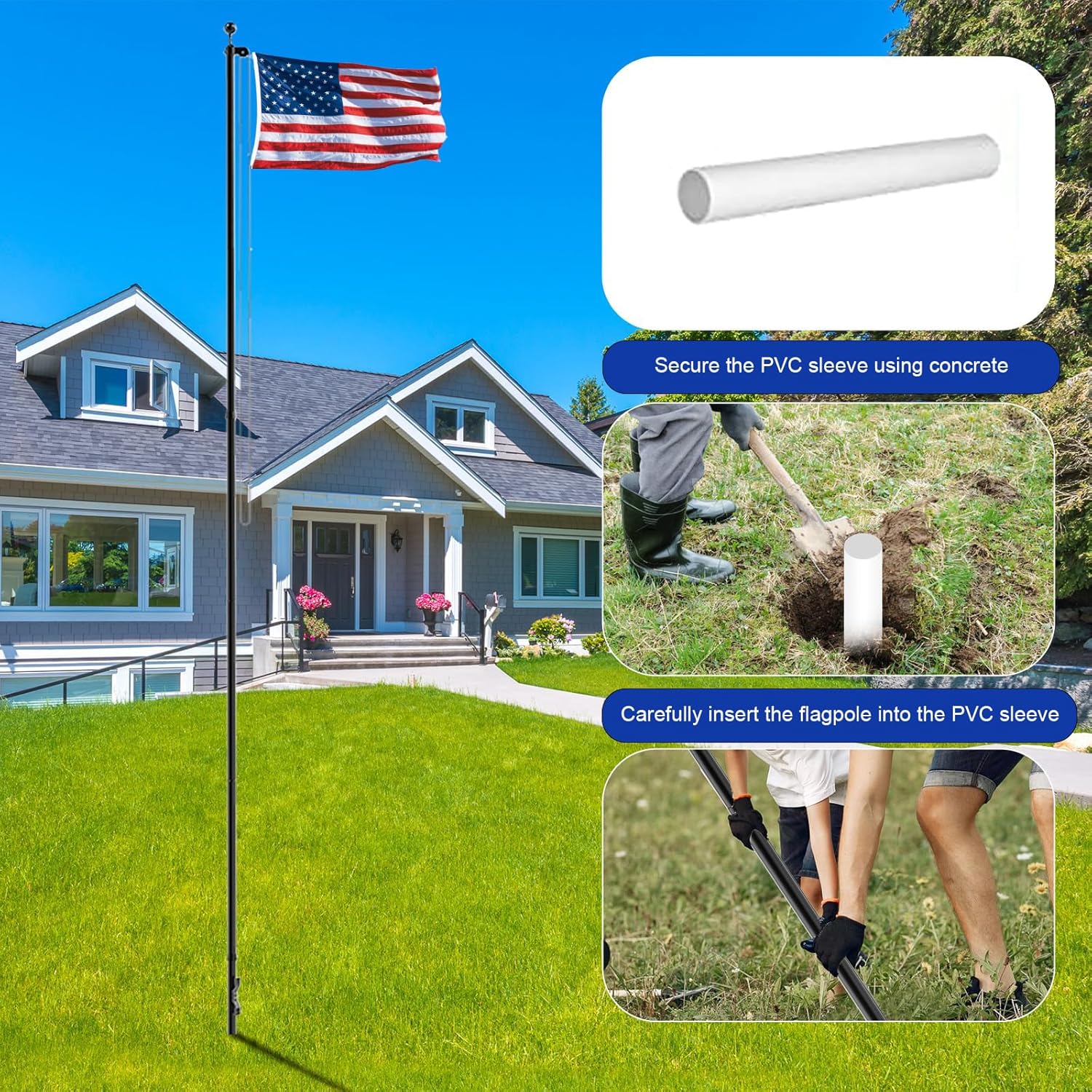 25FT Heavy Duty Flag Pole for Outside House, 12 Gauge Aluminum In Ground Flagpole Kit, Outdoor Flag Pole with 3x5 FT Nylon Flag, 100MPH Wind Rated, Residential & Commercial Flagpoles
