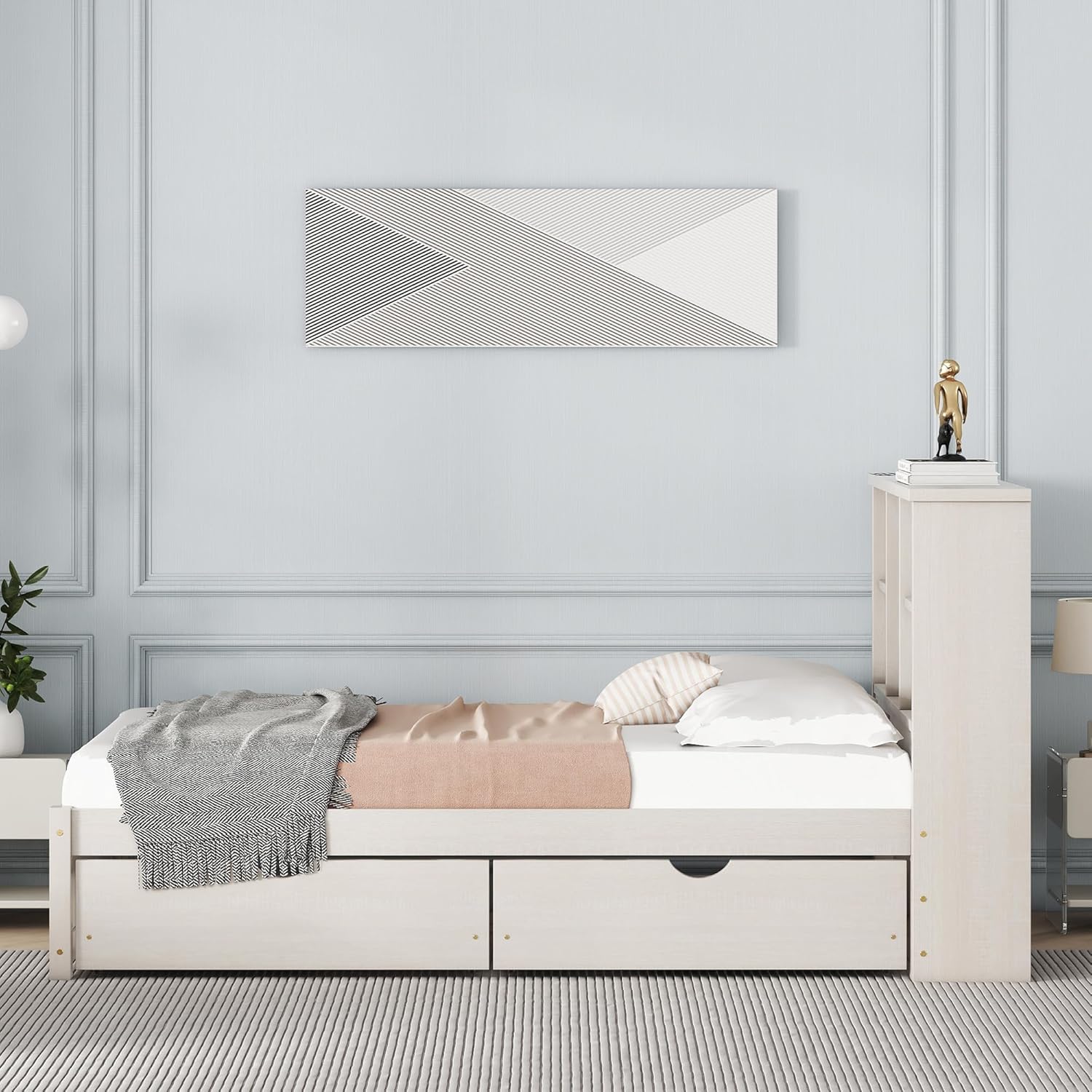 Twin Size Modern Bed Frame with Built-in USB Port on Bookcase Headboard and 2 Drawers,Multifunctional Bedroom Platform Bed W/Solid Wood Slats Support,for Kids,Boys,Girls,White