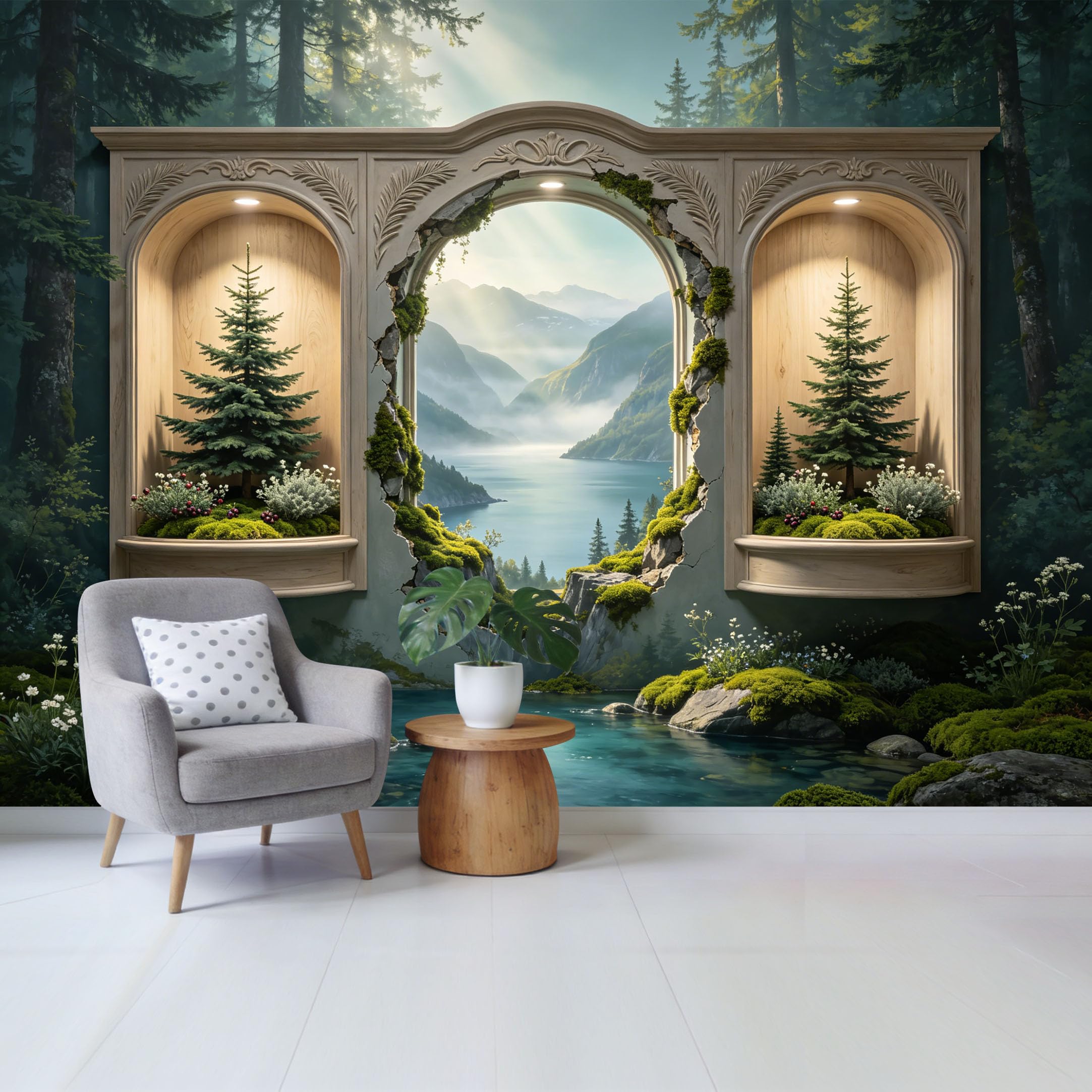 Custom Size Wall Mural Mountain Lake Forest Window View 3D Trompe l’oeil Removable Self Adhesive Fabric Home Wall Decor for Living Room Bedroom Bathroom