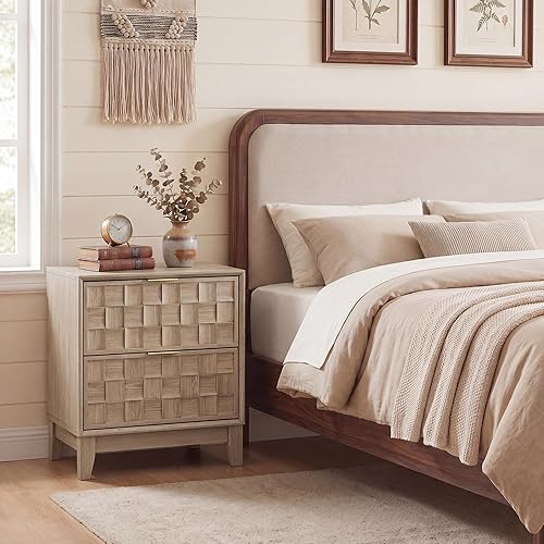 COLAMY Nightstand with Charging Station, Mid-Century Modern Bedside Table with Solid Wood Legs & Drawer, 23.6" High End Table with USB Ports and Outlets for Bedroom, Living Room, Oak White