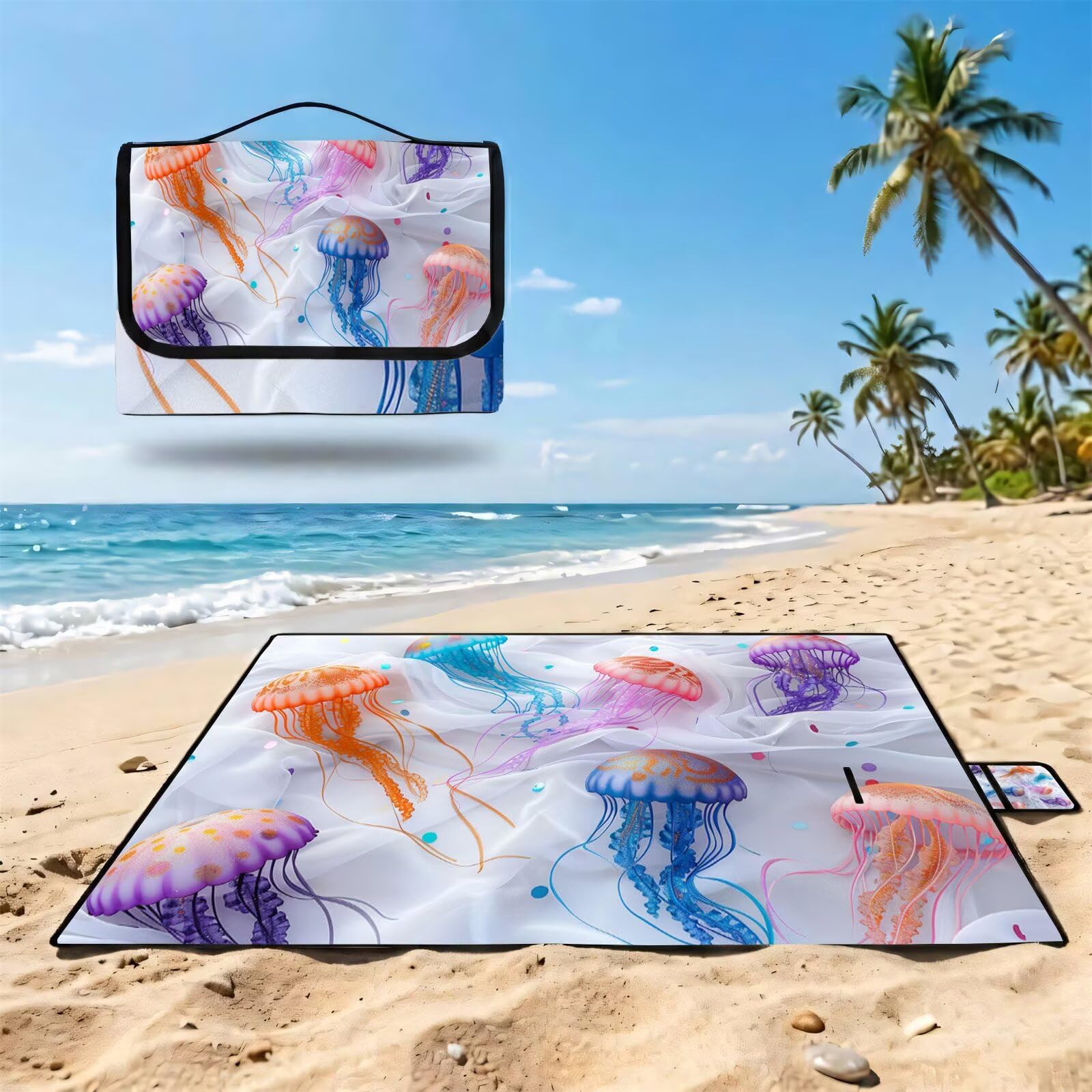 Couverture de Pique-Nique Grande 200x300cm,Outdoor Couverture Imperméable,Pliable Tapis de Plage Dos en PVC Anti-Sable,Picnic Blanket pour Camping Accessoires,Jardin,Parc - Méduse Blanche UZ-790