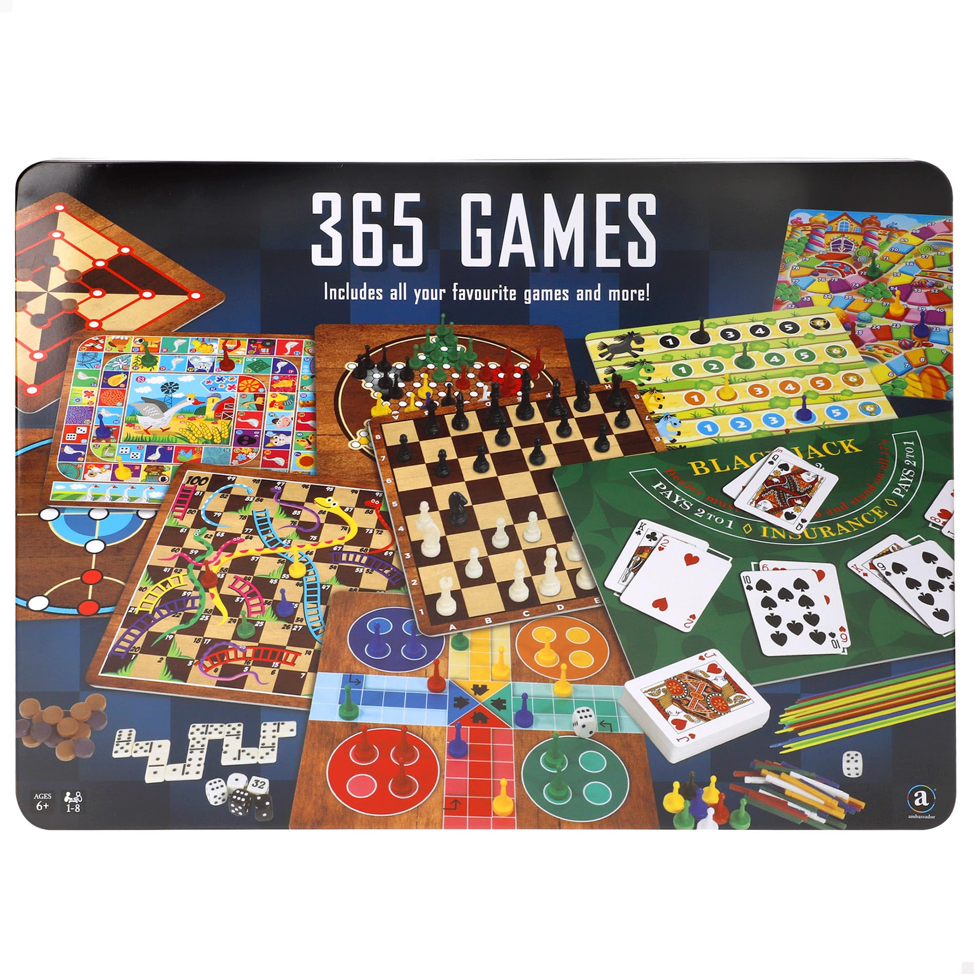 COLORBABY CB Games Pack 365 Juegos de Mesa, Caja metálica, 10 tableros multijuego, Fichas, 7 Dados, Juego de la oca, Backgammon, 1 a 8 Jugadores, Juguete Educativo, Juguetes +6 años (39521)