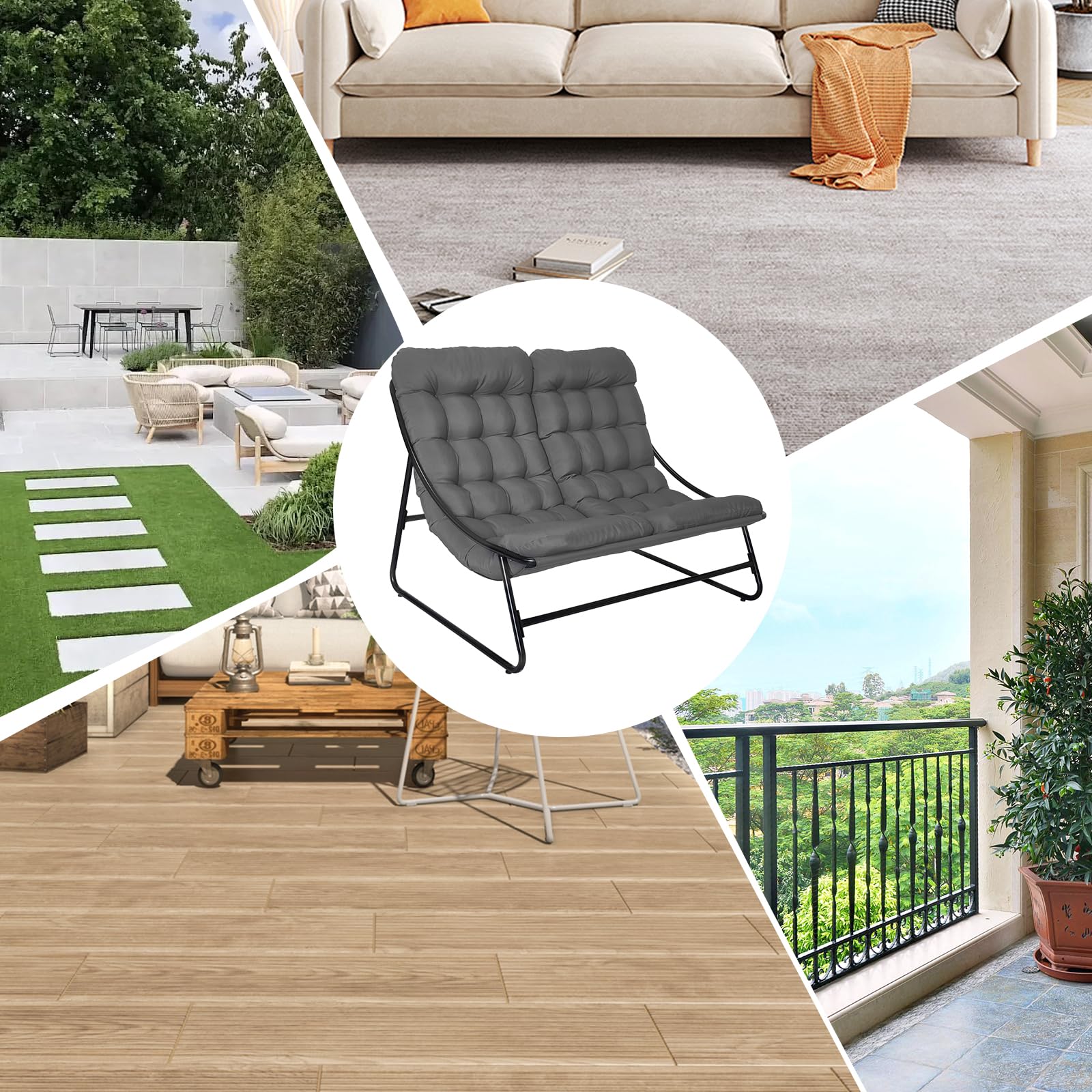 Loungesessel Garten für 2 Personen, Outdoor Relaxsessel und Balkon Sessel bequem, Balkonsessel als Gartensessel Outdoor, für Wohnzimmer, Garten, Balkon, Terrasse (Doppelstuhl)