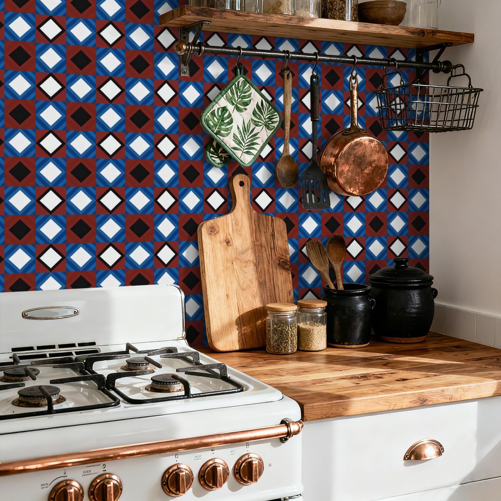 Peel and Stick Wall Tiles Geometric Red Blue Tiles Self Adhesive PVC Home Decor Backsplash Kitchen Tile Stickers Waterproof Tile Stickers for Bathroom 20x20cm /24 Pcs