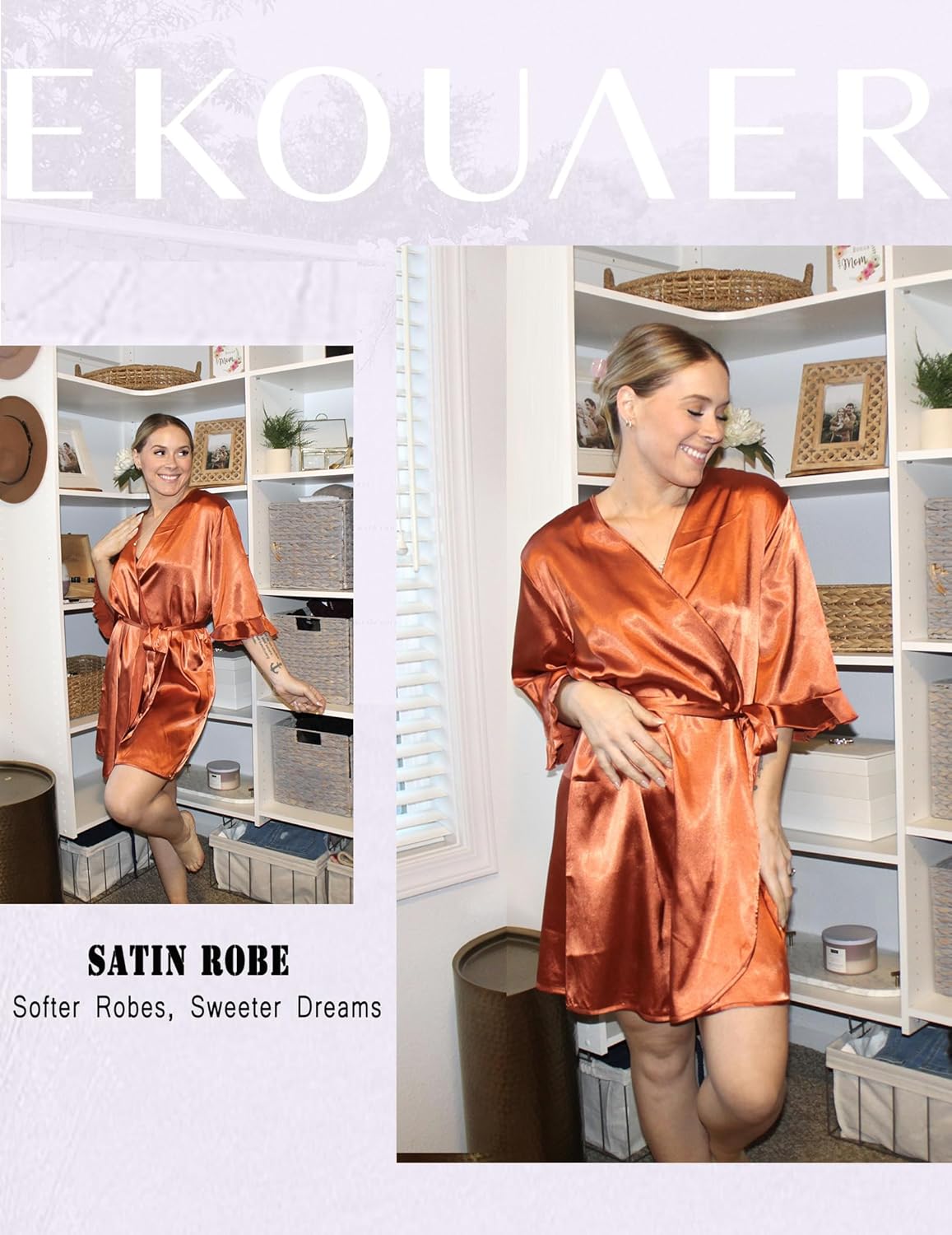 Ekouaer Women's Satin Robe Valentines Lingerie for Women Kimono Bathrobe Short Ruffle Belted Robes Bridesmaids Sleepwear - Image 4