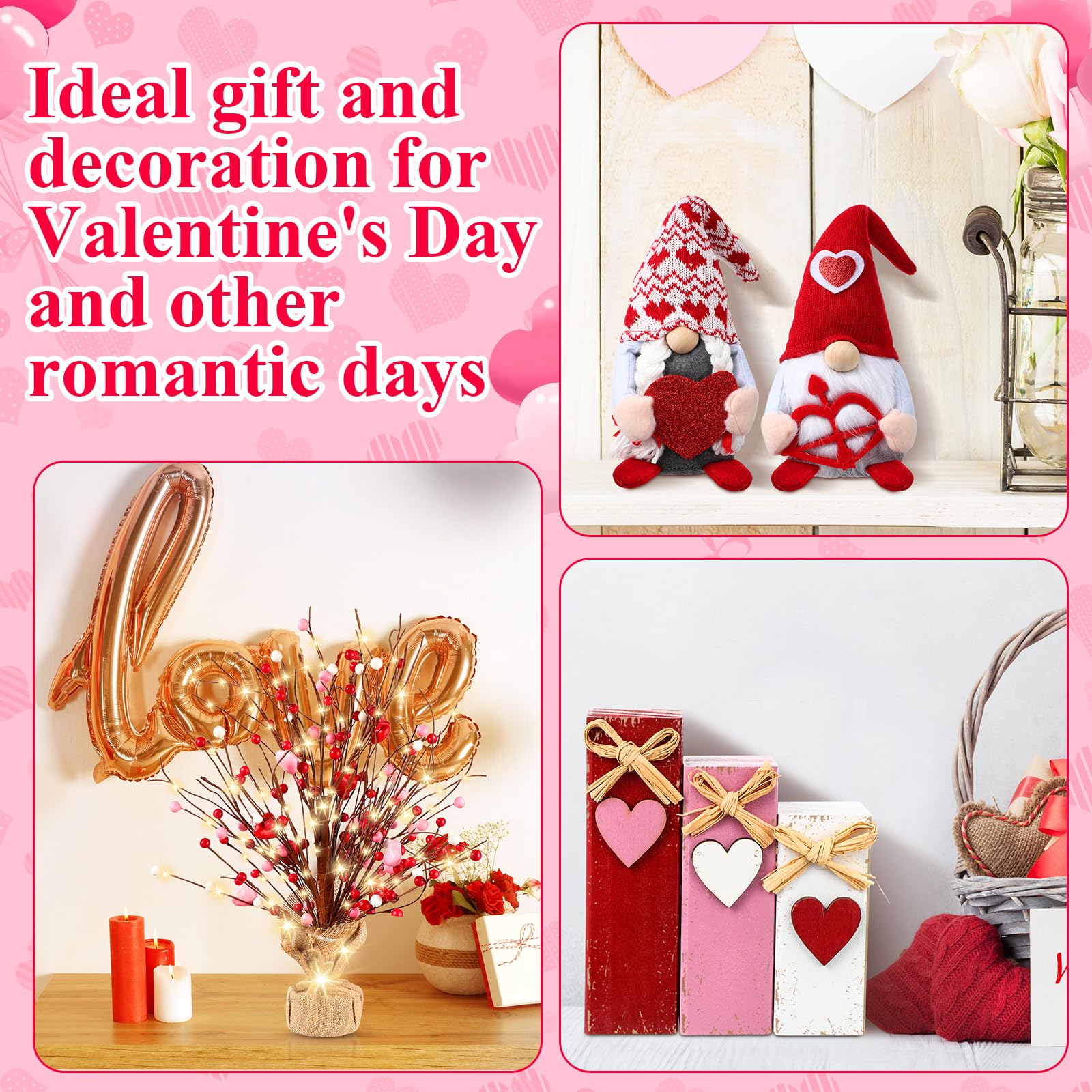Cinnvoice 6 piezas de decoración para el día de San Valentín, árbol de mesa de 48 cm con forma de corazón de bayas artificiales con cuerda de luz, regalos de madera rústica para parejas, decoración de