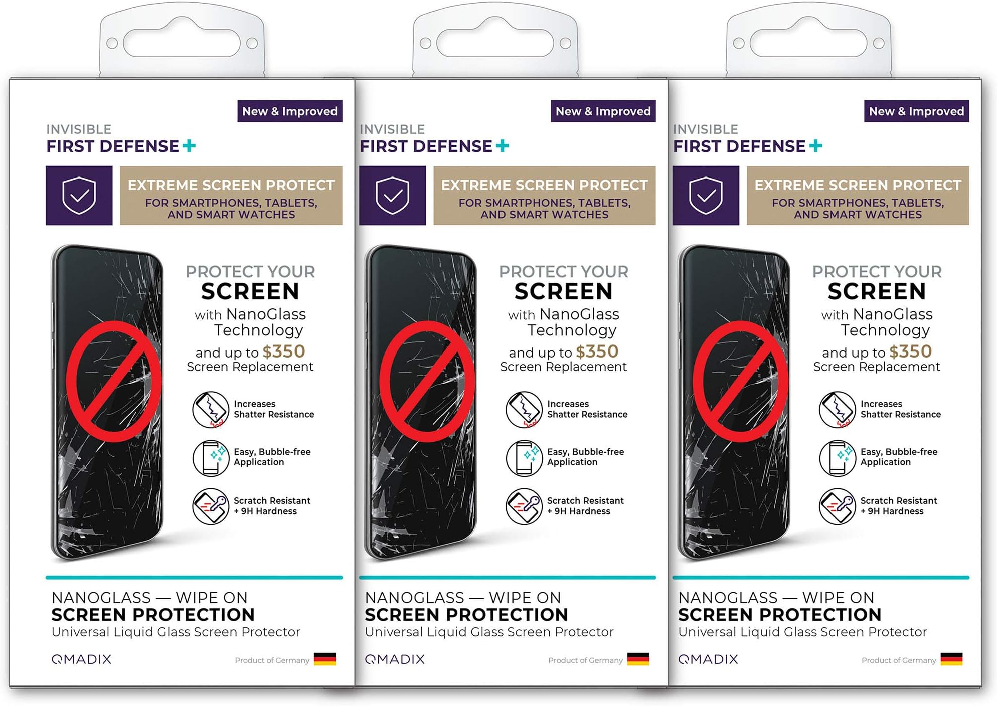 QMADIX 3-Pack $350 Screen Protection Invisible First Defense NANO Liquid Glass Screen Protector for All Phones Tablets Smart Watches Apple Samsung iPhone iPad Galaxy and Universal