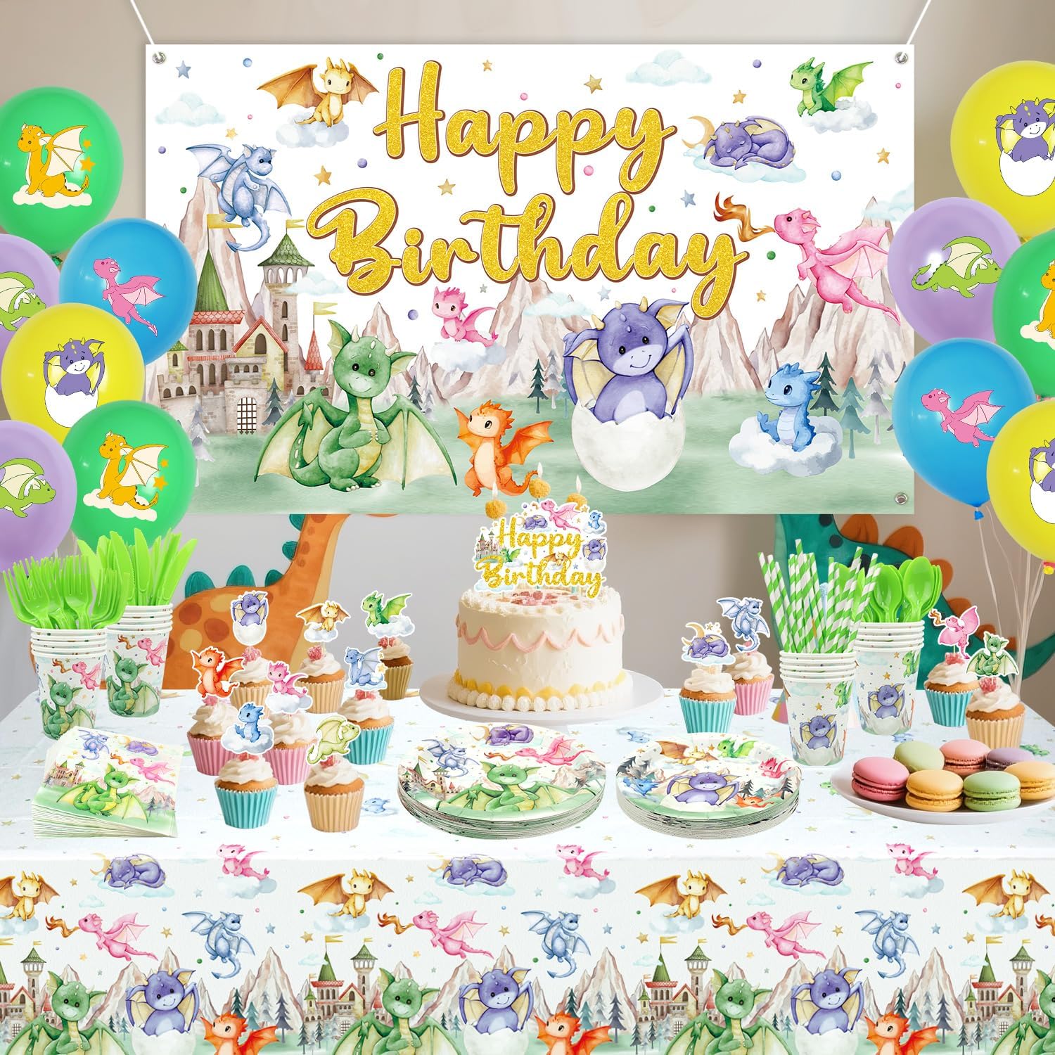 Dragon Party Supplies, Including Happy Birthday Party Backdrop, Plates, Cups, Napkins, Tablecloth, Balloons, Straws, for Dragon Theme Boy Girl Birthday Party Decorations Serves 20 Guest