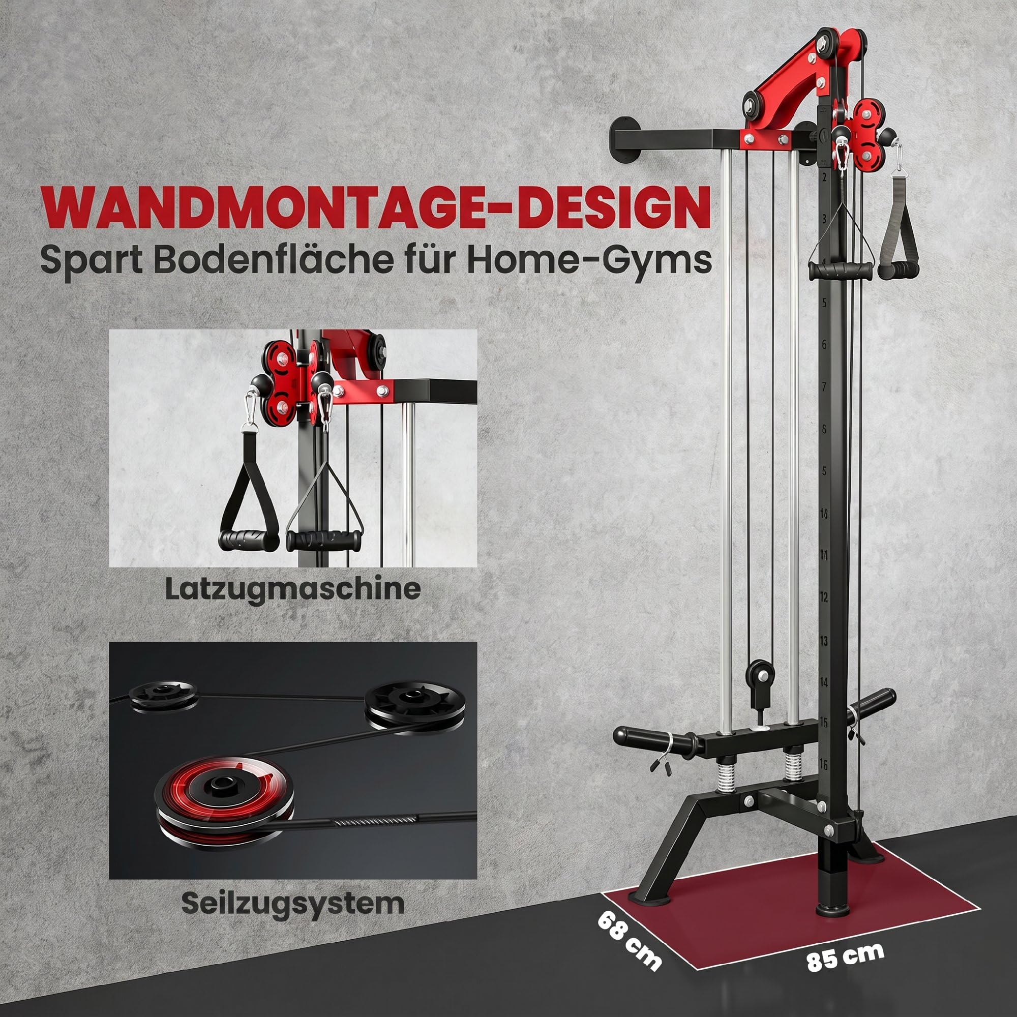 SPORTNOW Latzugstation 16-Fach Verstellbar zur Wandmontage Latzugturm inkl. Latzugstange Griffstange Seilzug Latzugmaschine bis 120kg Fitnessstation Kabelzugstation Latzug-Station Kraftstation