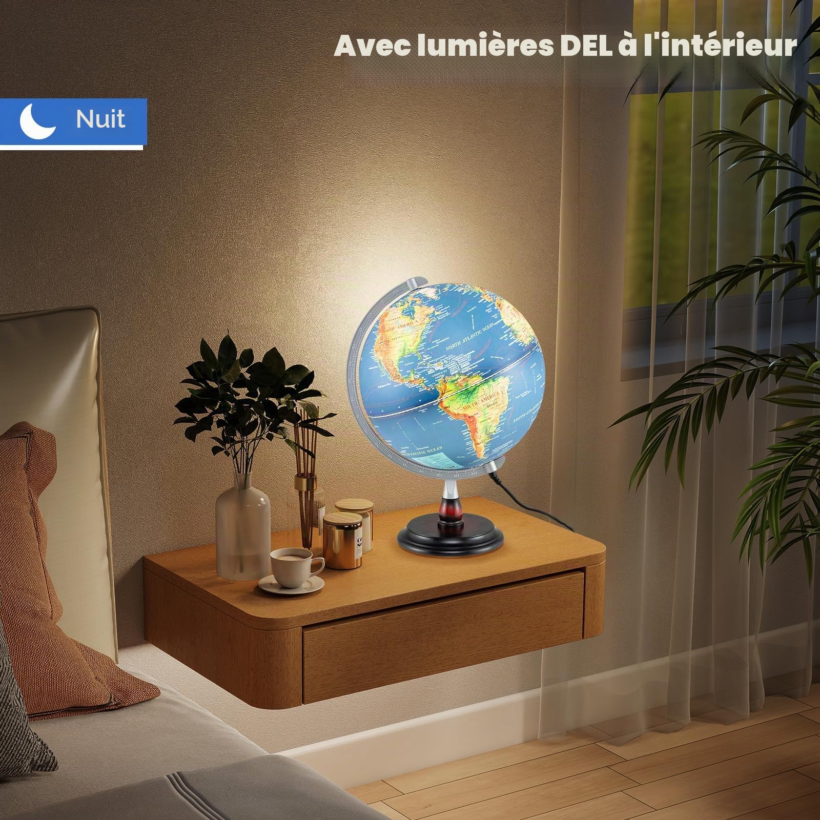 LIFEZEAL Globe Terrestre Illuminé LED 30 cm avec Relief Géographique
